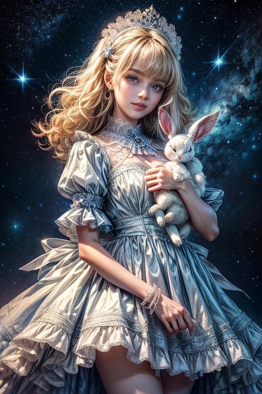 highest quality、masterpiece、Highest Resolution、artwork、3Realistic photo of K、(8--old l)beautiful girl、White skin、Big Eyes、Eye color: blue、Detailed eyes、Smiling pink lips、Beautiful Hands、Detailed hand、Curly blonde hair、Beautiful lace hair ornament、A lolita dress made of soft white material with plenty of frills and lace.、She is holding a cute fluffy stuffed rabbit.、cosmic starry sky background、Blue Butterfly々is flying、Rose flower、