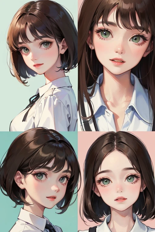 ((best quality)), ((masterpiece)), (detailed), perfect face, beautiful face, cute face, one girl, brown hair and green eyes eyes, smile, Hair length only reaches his shoulders, wearing a white shirt, Bob hairstyle