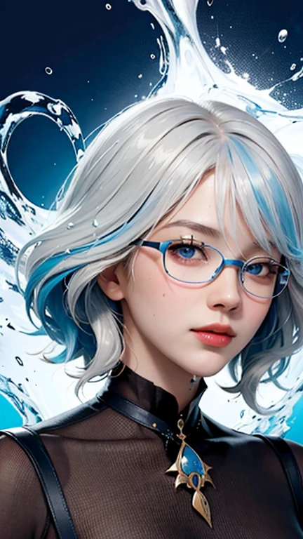 masterpiece, best quality, 8k,masterpiece, (masterpiece, best quality, high resolution), Color paint background（(acrylic paint, (splash of color, splash ink, splash of color)） ,  Detailed skin texture, Detailed fabric texture, beautifull detailed face, intricate details, Super detailed, Portrait of Rei Ayanami, blue hair, blue eyes, wear glasses（focus），head tilt,super huge 