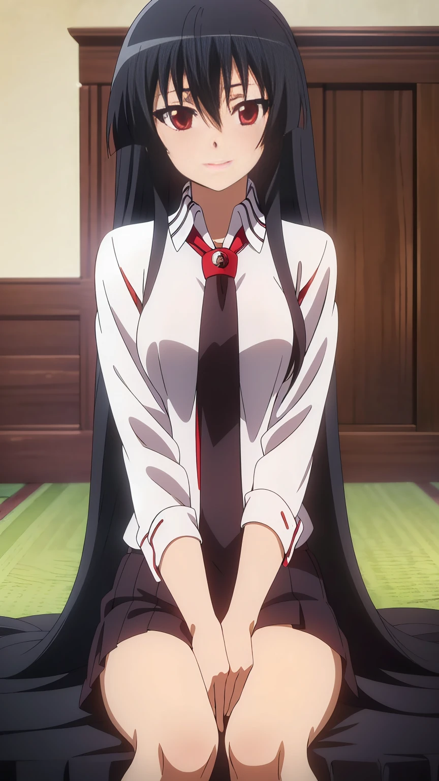 ((Master piece , best quality )),perfect face beautiful red eyes, black hair,(( very long hair )),between eyes hair , blushing ,smile,looking at me, full body, ((1girl,solo)),Akame, ((white shirt , short )),sitting on sofa