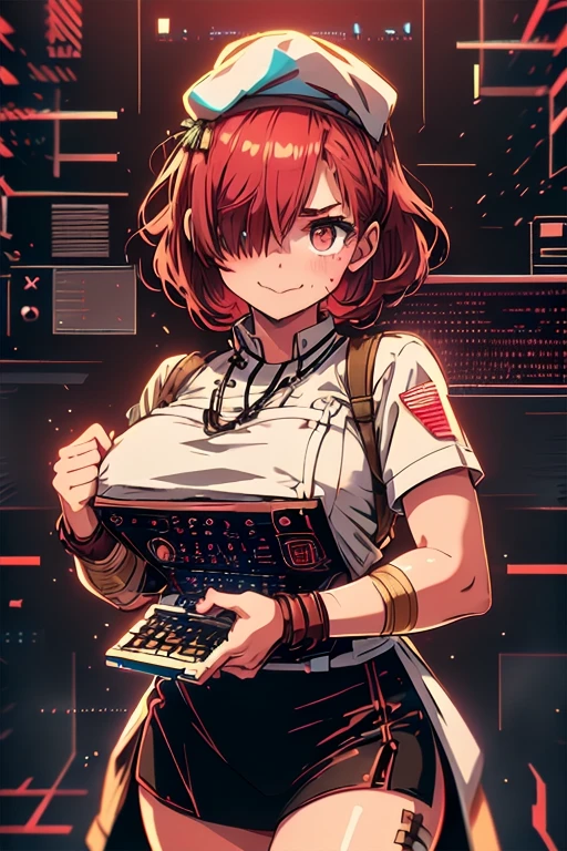 (chef-d&#39;artwork, best quality), 1fille,    zone-bronzage, red hair on one eye, Percer les cheveux, pull  , ordinateur ,  gros seins , with a strong character, elle tape sur un clavier ordinateur portable , tenue de guerre, army soldier, sans tablier, pas de tablier, 
