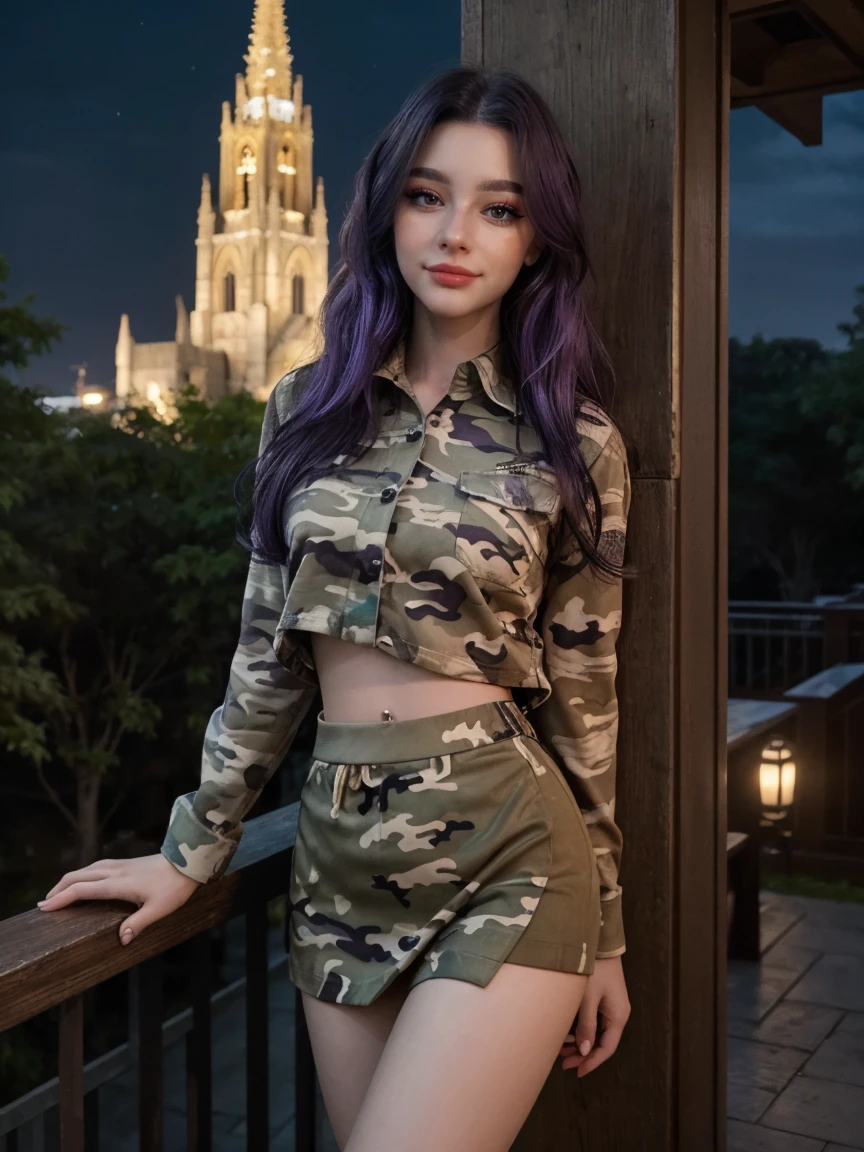 (1 lady), (Best quality at best:1.4), (ultra - detailed), (extremely detailed CG unified 16k), A Beautiful Woman with Perfect Figure: 1.4, female soldier body, Sharp Focus: 1.2, purple hair, very detailed, High-definition RAW color photo, professional photoshooting, amazing face and eyes, cosmetics, (amazingly beautiful girl), ((Kotomi)), ((woodland camo shirt, woodland camo skirt)), standing, sexyposture，(Night and stylish cathedral outside, city lights, city lights:1.3), (look from down), realistic cinematic face, head to feet long wide zoomed out view, full body long view, photorealistic, ((realistic natural blueish purple hair style, purple eyes)), gorgeous, extremely beautiful face, perfect model beauty, pout mouth, Highly Detailed Face and Skin Texture, Detailed Eyes, Double Eyelids, Big Breasts, Smile, flirting smile, cleavages, western, (masterpiece), best quality, high resolution, extremely detailed, blurred background, depth of field, cinematic lighting, amazing legs, high heels, clear and well-cared skin, (((focus on the girl))), (big girl, big proportions, strong female)