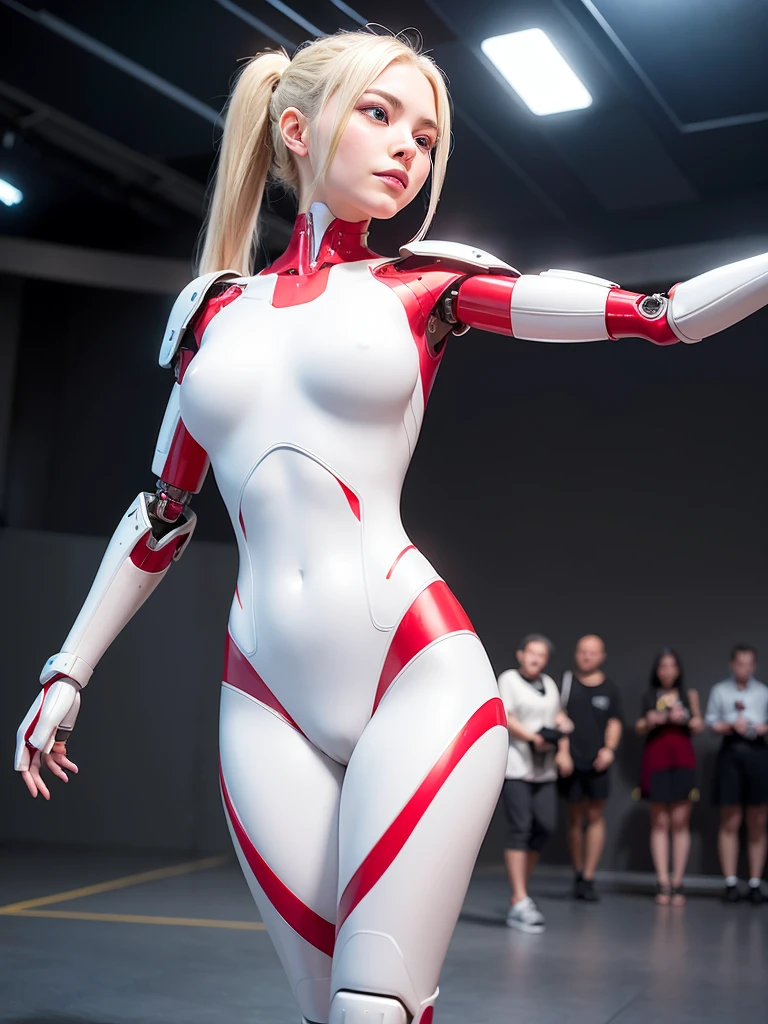 Complex 3D rendering of ultra detailed beautiful porcelain profile woman, robot face, Metal white armor, Luminous red strip, blond, robot, robot parts,Robotic Arm, Robot legs, joint, Grin, Looking at the audience, 150 mm, Soft Light, Rim Light, Vivid details, hyperPractical, Anatomical, Facial muscles, Firm body, Cables and wires, Microchip, elegant, Beautiful background, Octane Rendering, best quality, masterpiece, illustration, extremely delicate and beautiful, Extremely detailed ,CG ,Unite ,wallpaper, (Practical, photo-Practical:1.37), Fine details, masterpiece,best quality,official art, Extremely detailed CG Unite 8k wallpaper, whole body, Grin, Small Breasts, permanent, Futuristic architecture, Outdoor Street, sky, 晴朗的sky空, cloud, Firm body, Purple eyeliner, Anya Taylor-Joy