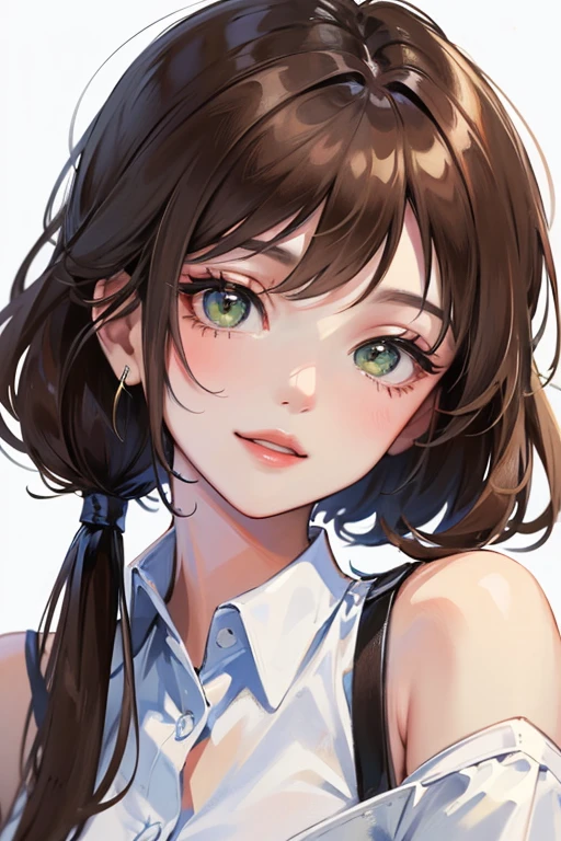 ((best quality)), ((masterpiece)), (detailed), perfect face, beautiful face, cute face, one girl, brown hair and green eyes eyes, smile, Hair length only reaches his shoulders, wearing a white shirt, Bob hairstyle, 1 girl