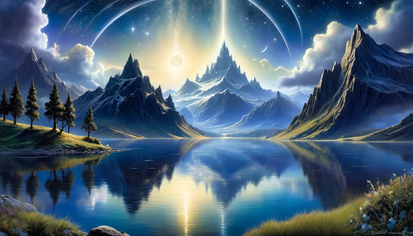 (best quality,4k,8k,highres,masterpiece:1.2),ultra-detailed,(realistic,photorealistic,photo-realistic:1.37),landscapes,fantasy art,starry sky,beautiful mountains,lake reflection,magical atmosphere,concept art,mysterious lighting,ethereal realm,official artwork,dreamlike painting,Ted Nasmith inspired,serene and infinite stars,moonlight and starry environment,artwork with magical highlights,atmospheric art piece,dreamy matte painting,Aether realm,inspired by Ted Nasmith art