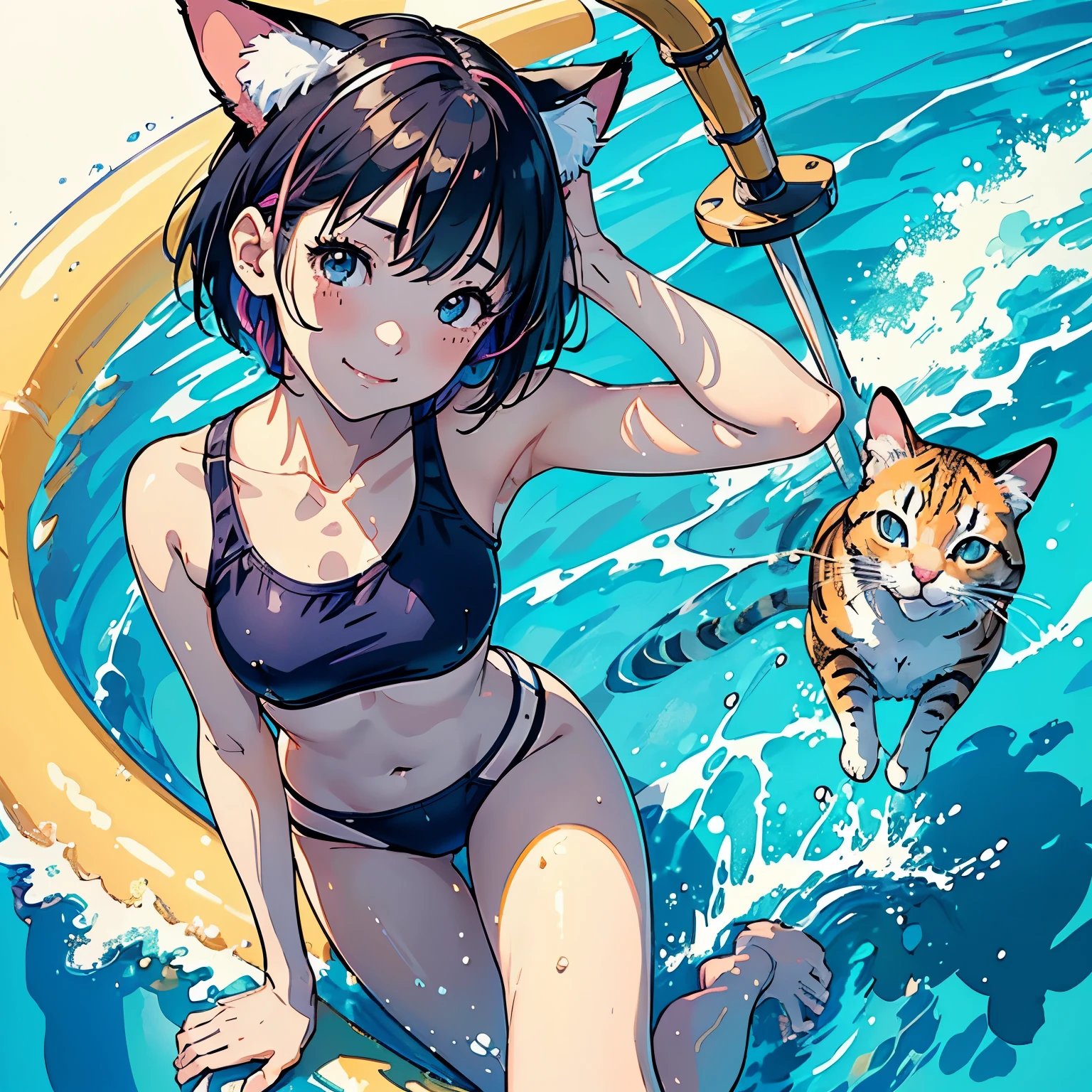 (highest quality, masterpiece, High resolution)、4K Anime Art、(1 beautiful Japan woman、20-year-old)、(whole body、Gliding on a waterslide)、 (Detailed depiction of a beautiful face)、Happy smile、Small breasts、(Cat ear)、Medium Short Hair、Bobcut、(small tops、swimshorts、Colorful Swimsuits)、(Blank background)、((White Background))、