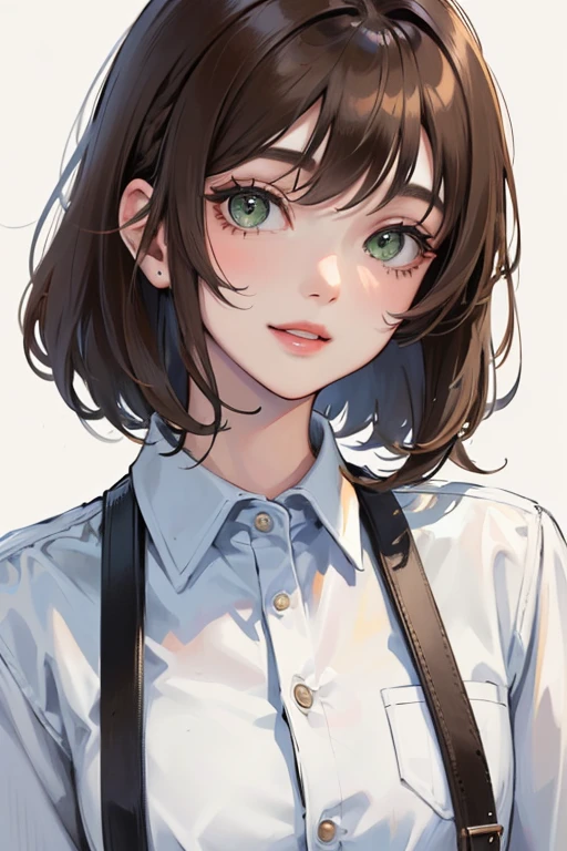 ((best quality)), ((masterpiece)), (detailed), perfect face, beautiful face, cute face, one girl, brown hair and green eyes eyes, smile, Hair length only reaches his shoulders, wearing a white shirt, Bob hairstyle, 1 girl 