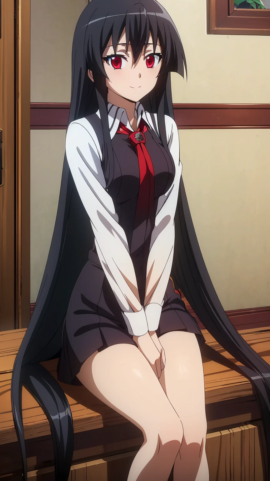 ((Master piece , best quality )),perfect face beautiful red eyes, black hair,(( very long hair )),between eyes hair , blushing ,smile,looking at me, full body, ((1girl,solo)),Akame, ((white shirt , short )),sitting on sofa