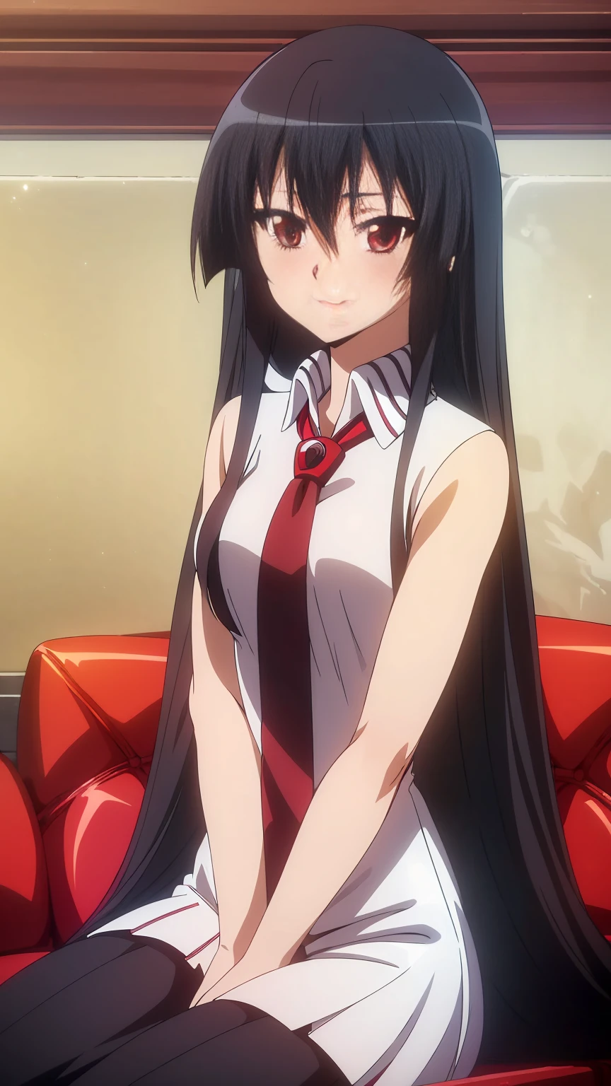 ((Master piece , best quality )),perfect face beautiful red eyes, black hair,(( very long hair )),between eyes hair , blushing ,smile,looking at me, full body, ((1girl,solo)),Akame, ((white shirt , short )),sitting on sofa