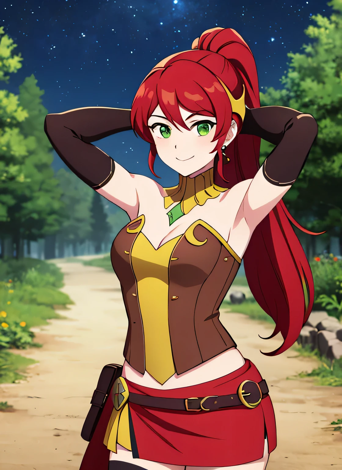 ((best quality)), ((highly detailed)), absurdres, (detailed eyes, deep eyes), (1girl), pyrrha nikos, rwby, red hair, ponytail, green eyes, medium breasts, smiling, circlet, bustier, bare shoulders, skirt, elbow gloves, bracers, solo, (cowboy shot:1.5), night sky, forest, arms behind head, contrapposto, shy smile, spread armpits, shy smile, looking at viewer,