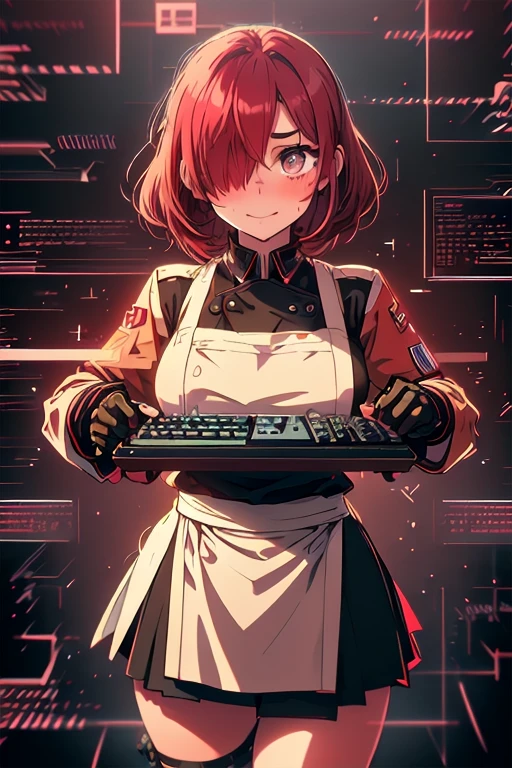 (chef-d&#39;artwork, best quality), 1fille,    zone-bronzage, red hair on one eye, Percer les cheveux, pull  , ordinateur ,  gros seins , with a strong character, elle tape sur un clavier ordinateur portable , tenue de guerre, army soldier, sans tablier, pas de tablier, 