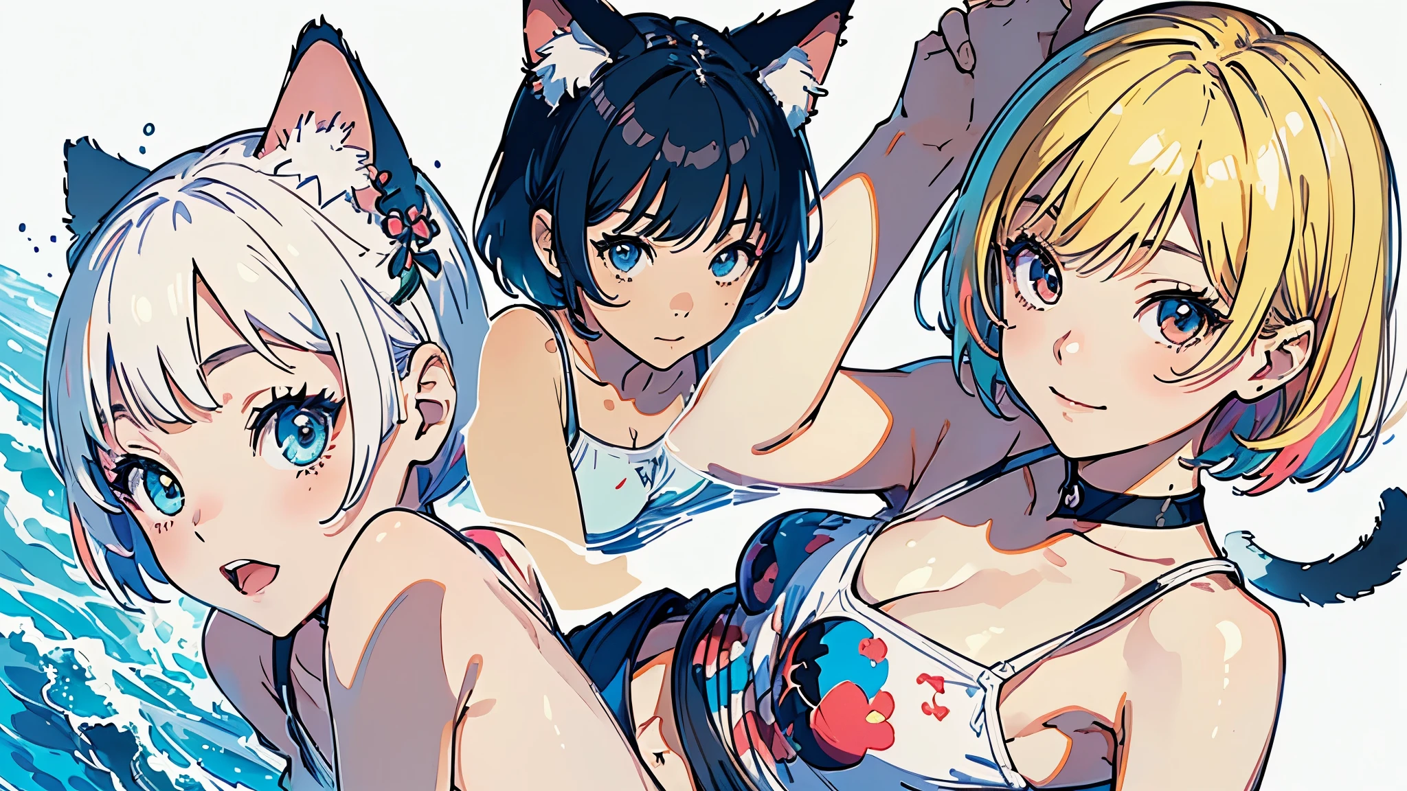 (highest quality, masterpiece, High resolution)、4K Anime Art、(1 beautiful Japan woman、20-year-old)、(whole body、Gliding on a waterslide)、 (Detailed depiction of a beautiful face)、Happy smile、Small breasts、(Cat ear)、Medium Short Hair、Bobcut、(small tops、swimshorts、Colorful Swimsuits)、(Blank background)、((White Background))、