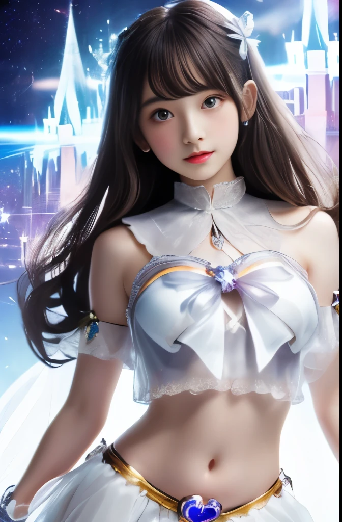 highest quality,Photo quality,Ultra-high resolution,Professional Lighting,,Beautiful face like an actress,(Magical girl:1.3),(navel),White sexy outfit,transparent skirt:1.3,Glowing Skin