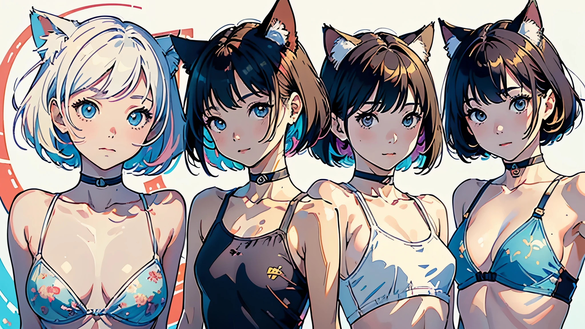 (highest quality, masterpiece, High resolution)、4K Anime Art、(1 beautiful Japan woman、20-year-old)、(whole body、Gliding on a waterslide)、 (Detailed depiction of a beautiful face)、Happy smile、Small breasts、(Cat ear)、Medium Short Hair、Bobcut、(small tops、swimshorts、Colorful Swimsuits)、(Blank background)、((White Background))、