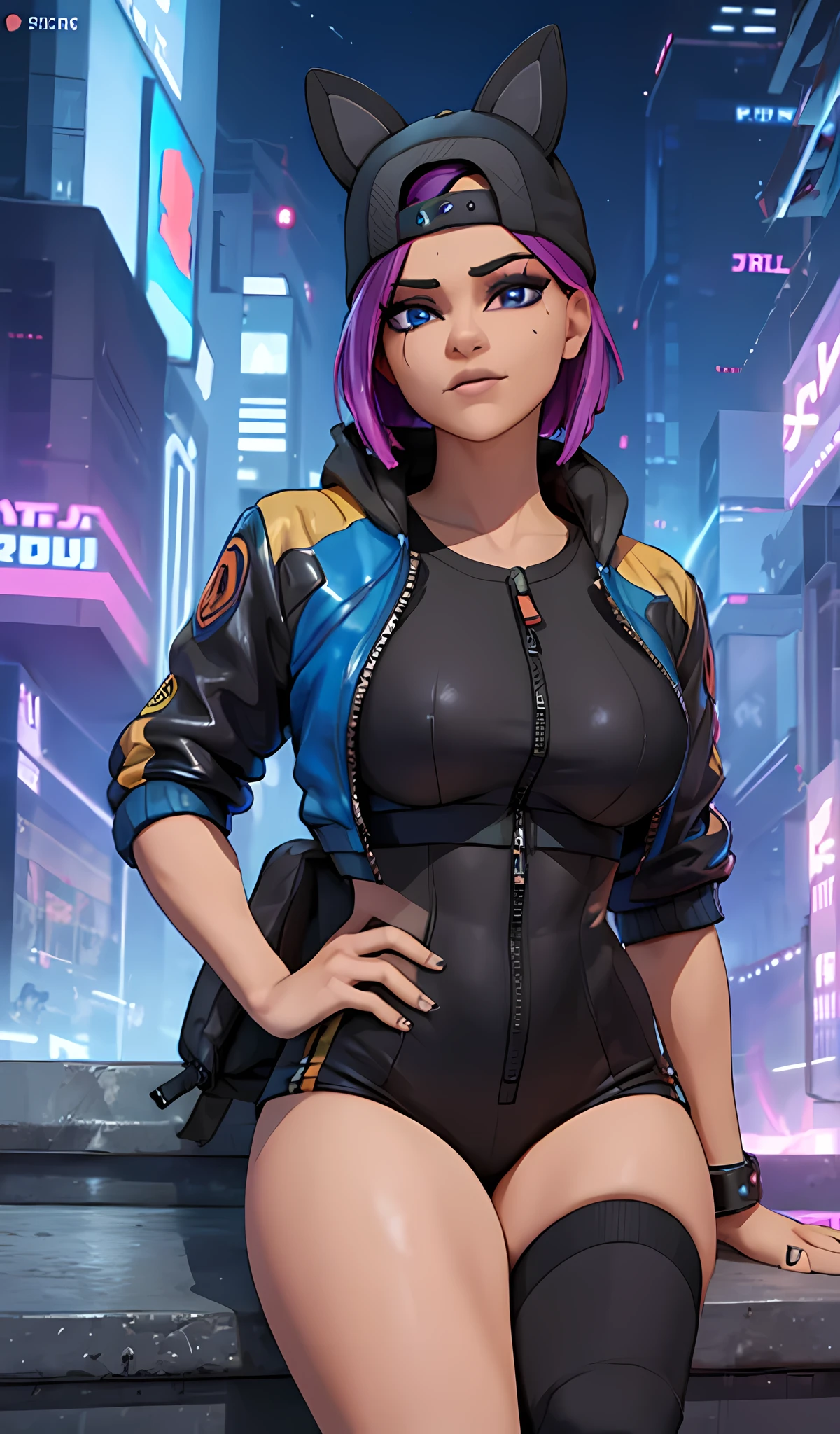 1 chica, sentada, cyberpunk Noche, chaqueta Azul, jogger Negro, Extremadamente detallado, rostro detallado , gorra ,hermoso rostro detallado, ojos detallados, dynamic pose 