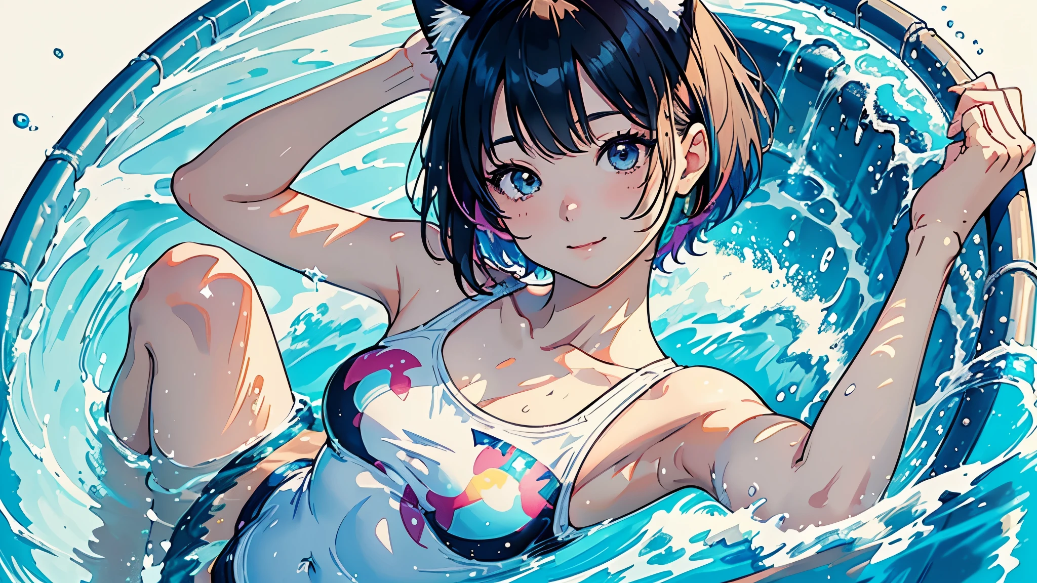 Muscular neko anime girl in small thong with measurements 90 , 60 , 90 backstroke