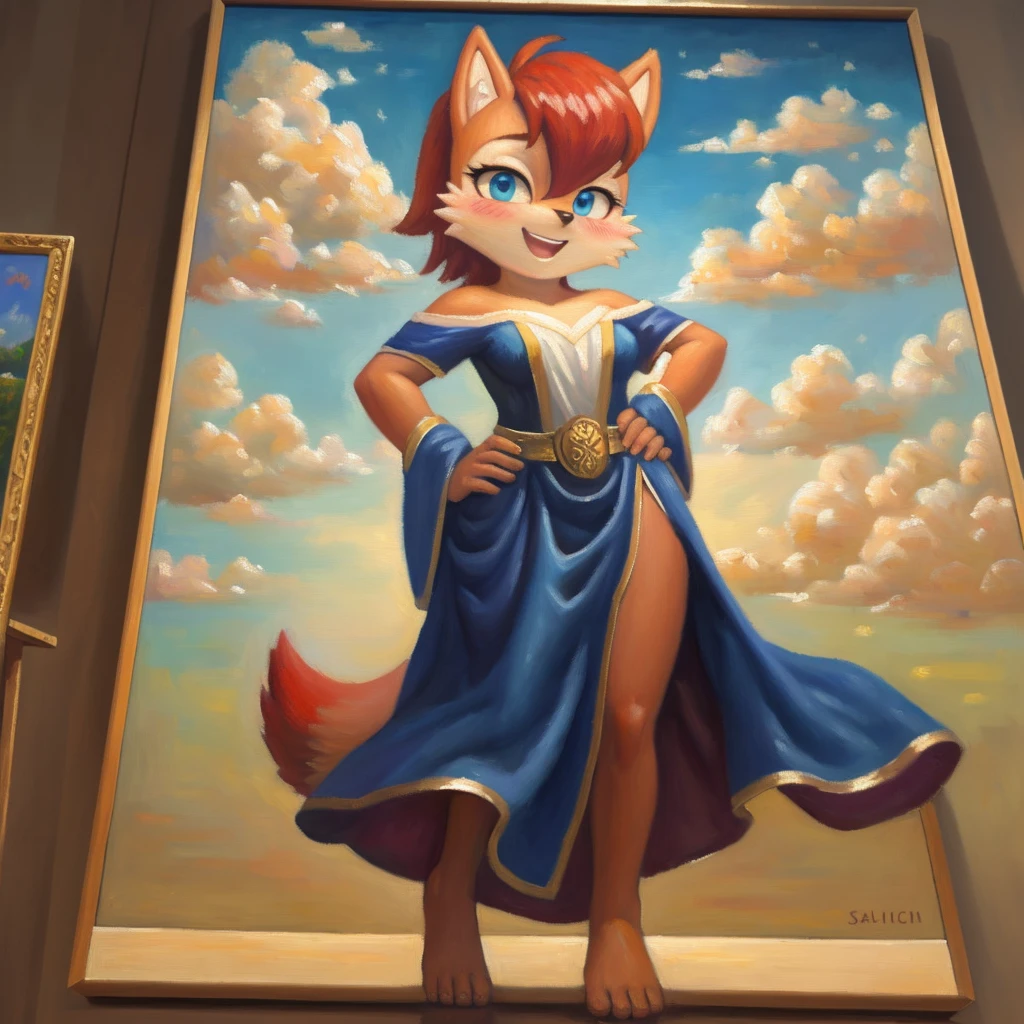 (((oil painting))), (biblically accurate Sally Acorn), (deep blush:1.3), toned body flying in the sky, full body shot, hands on own hips, long gown with pelvic curtain, gleeful,