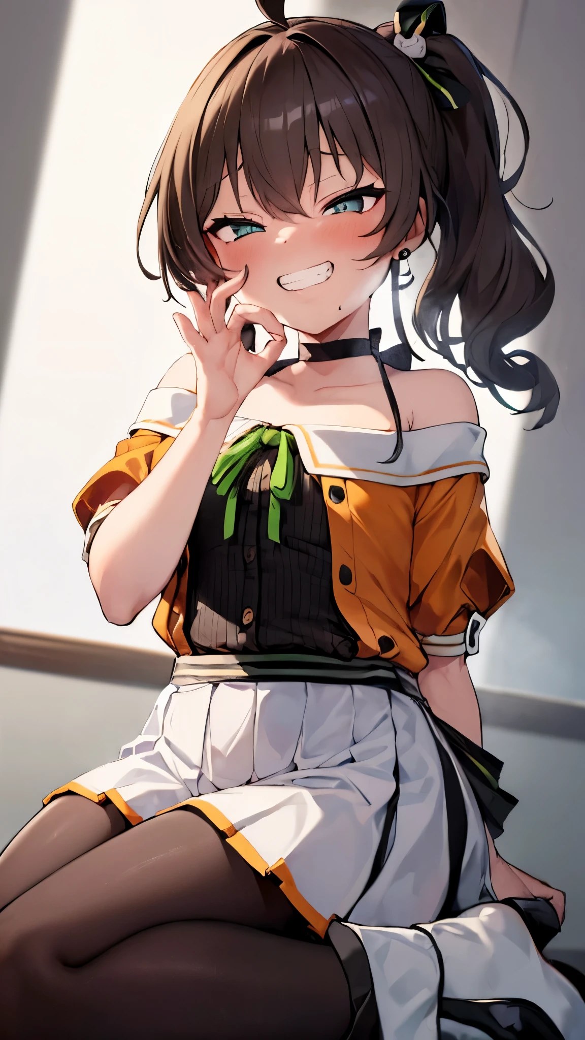  ((((Open your mouth))))、masterpiece,highest quality,High resolution,Very detailed,bb Festival,meだium hair,skinny,Ahoge,Brown Hair,(((((  A grinning face ))))),skinny,Hair between the eyes,bangs,Hair Ribbon,Black Choker,Earrings,Black Ribbon,plaiだ shirt,Grey Shirt,shoulだer cutout,Short sleeve,See-through sleeves,Black Skirt,High Waist Skirt,Race,(( Perfect Fingers )) ,  shoes下,(black shoes下:1.4),Race trim,shoes,Black footwear,indoor,(Cafe:1.2),((Blowjob Gestures:1.5))、Open your mouth ,Sitting,Chair,(((Heavy breathing))) ,Hand in front of your mouth,Hand in front of mouth,