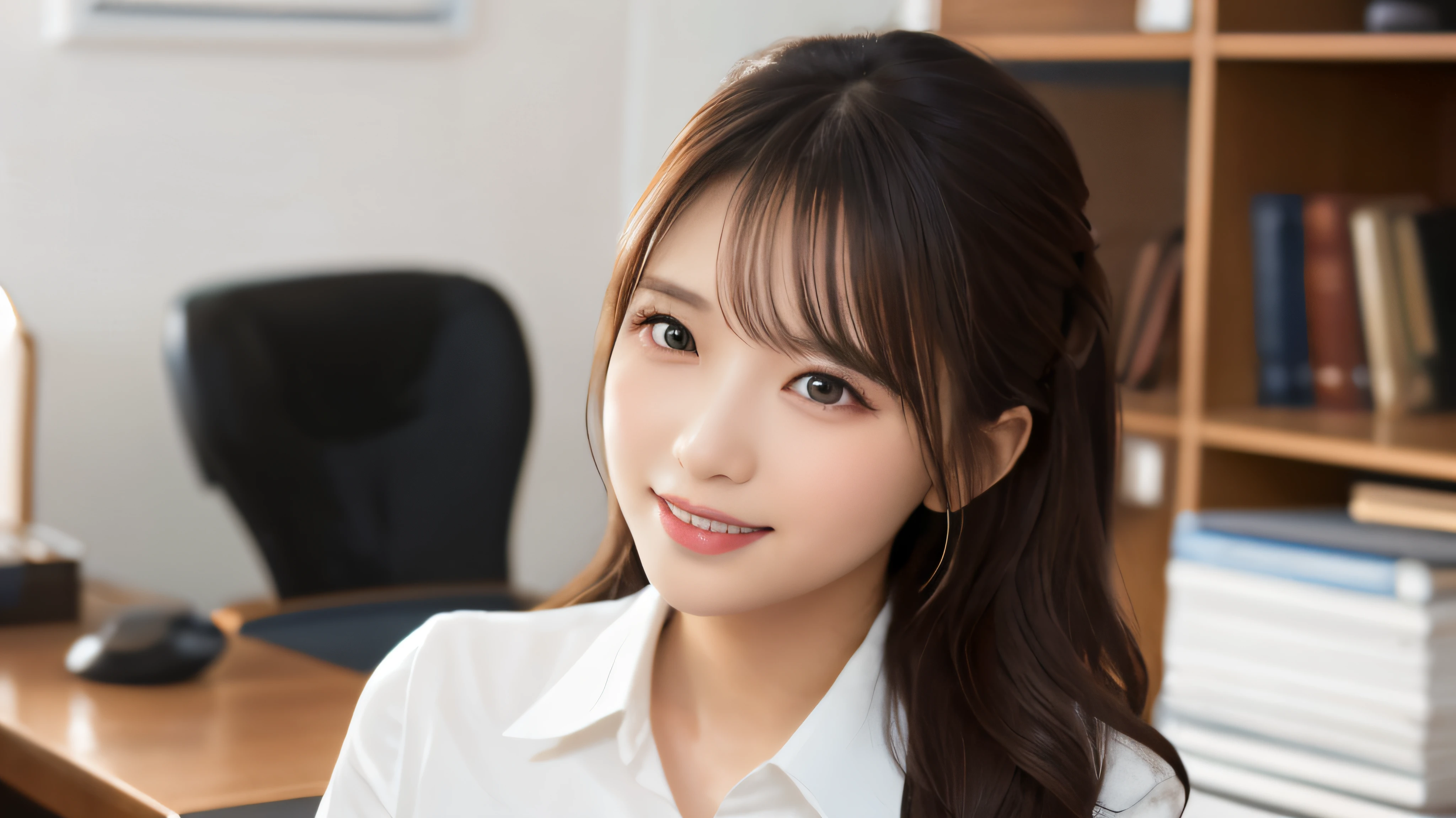 (masterpiece:1.2,highest quality),((office)),((Photographed with an ultra-wide-angle single focus lens)),depict the upper body,1 young woman,((business suit)),Black wavy hair,((Fine and beautiful eyes)),blushed,Healthy Skin,(smile),8k resolution