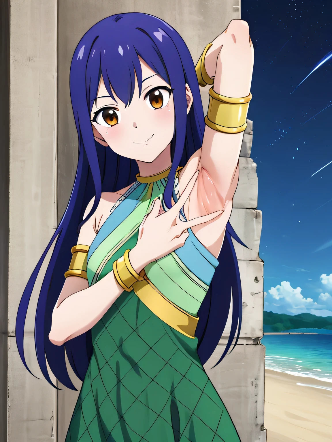 masterpiece, best quality, highres, aawendy, long hair, bare shoulders, green dress, sleeveless dress, armlet, bracelet, looking at viewer, solo, contrapposto, spread armpit, arms behind head, smile, looking at viewer, upper body, closed mouth, night sky, beach,