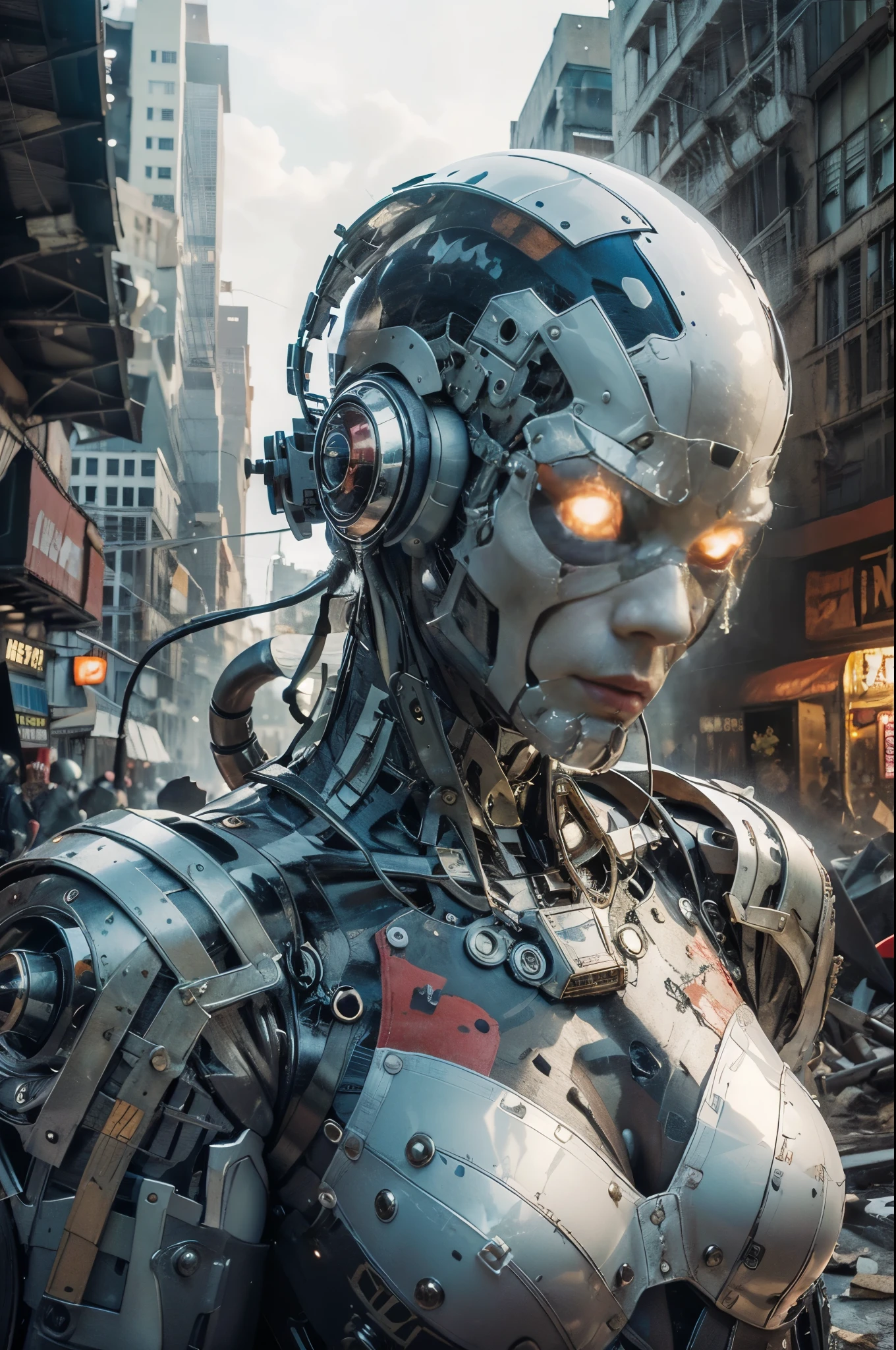 (Masterpiece, Best Quality, photorealestic:1.4), (UHD, 8k wallpaper, High Resolution), a portrait of japanese girl as a deathpool with heavy armor, intricate detailed bodywork, messy red hair, detailed beautiful face, very tight musculature, sitting with sexy pose, cute expression. Against the background of a ruined New York City, dressed in black with red trim cyborg military armor, deathpool armor likeness, Oppressive atmosphere, postapocalypse, photon mapping