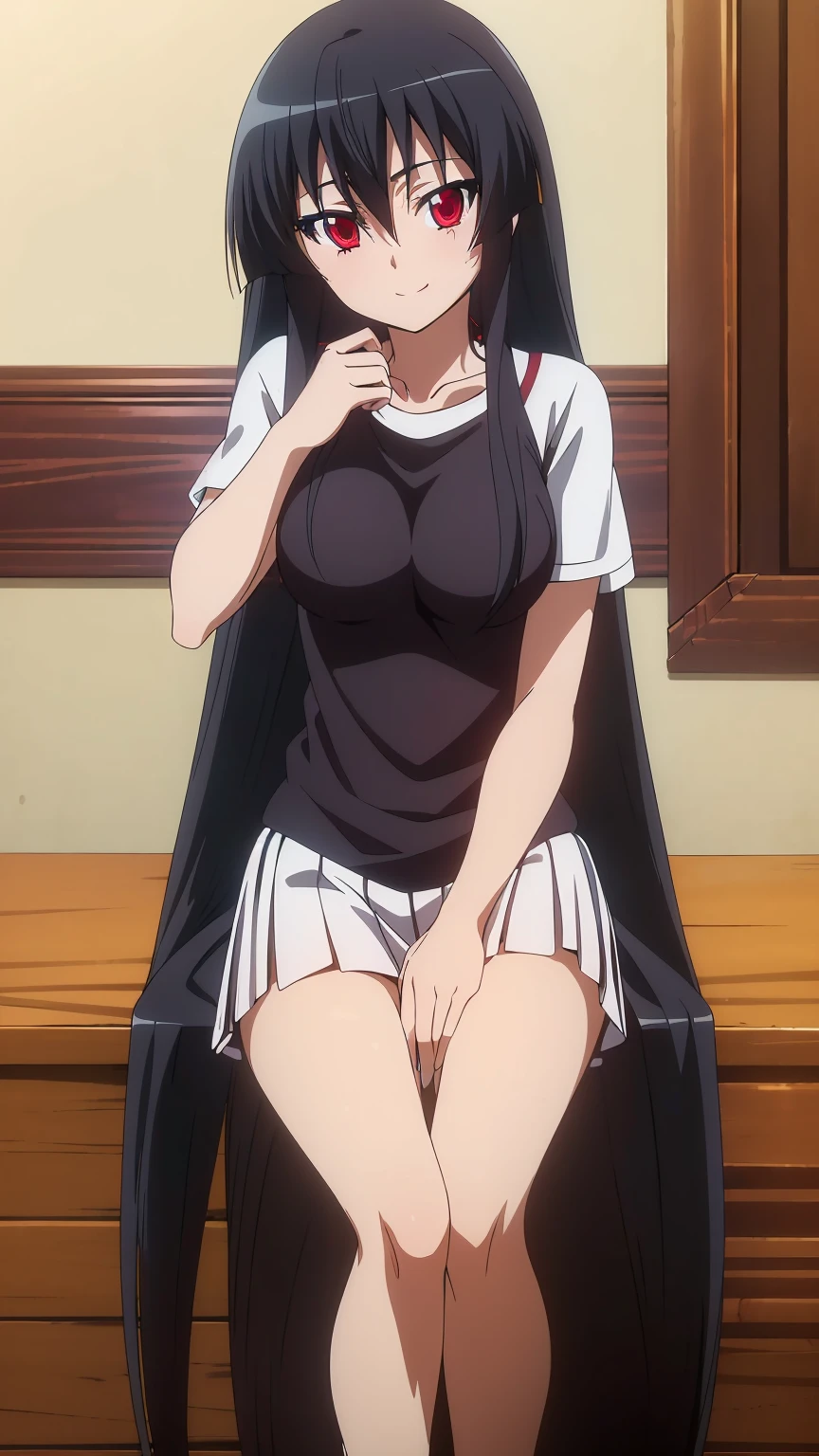 ((Master piece , best quality )),perfect face beautiful red eyes, black hair,(( very long hair )),between eyes hair , blushing ,smile,looking at me, full body, ((1girl,solo)),Akame, ((T-shirt, white shirt , short )),sitting on sofa