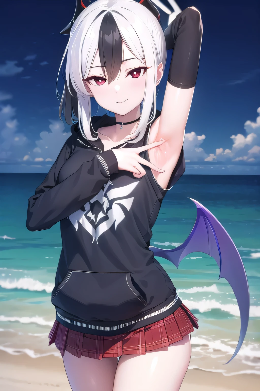 kayokoonikata, kayoko onikata, black hair, demon horns, hair between eyes, halo, horns, long hair, low wings, mole, mole on collarbone, multicolored hair, ponytail, (red eyes:1.5), single wing, two-tone hair, white hair, wings, black ponytail,
BREAK black hoodie, choker, hood, hoodie, pleated skirt, skirt, red skirt,
dynamic pose, contrapposto, spread armpit, arms behind head, solo, looking at viewer, upper body, closed mouth, night sky, beach, masterpiece, best quality, smile,
BREAK (masterpiece:1.2), best quality, high resolution, unity 8k wallpaper, (illustration:0.8), (beautiful detailed eyes:1.6), extremely detailed face, perfect lighting, extremely detailed CG, (perfect hands, perfect anatomy),