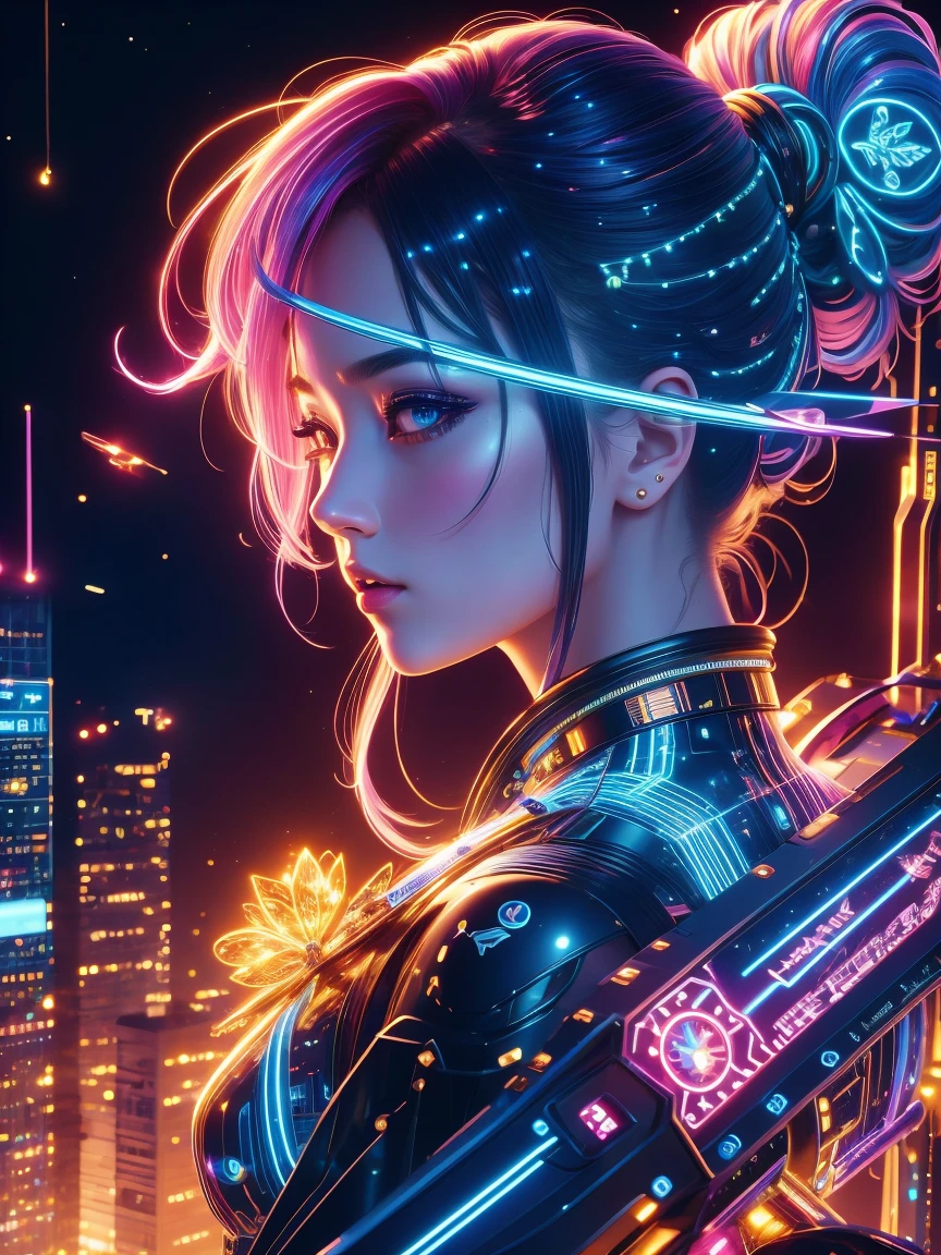 (Neon)，Circuit Board，(1 Mechanical Girl)，(Holding a sword:1.1)，shadow，Super sharp，Metal，（Cool colors），Rendering on cgsociety，Facing the camera，Mechanical limbs，Mechanical cervical vertebra hanging on the neck，(Ghost in the Shell)，Anime art style，Looking at the audience，(Ultra-realistic details)，玻璃般闪闪Luminescence的眼睛，模糊dream，Muscle tone and definition，High contrast eyes，finely detailed features，Stunning colors，Movie lighting effects，Ultra wide angle，Light Particles，Light Particles艺术，(Luminescence:1.1), adamxl acg，(Exquisite and perfect demeanor:1.3)，(dream)，(Ultra HD, masterpiece, precise, Anatomically correct, textured skin, High Detail, high quality, The award-winning, 8k)