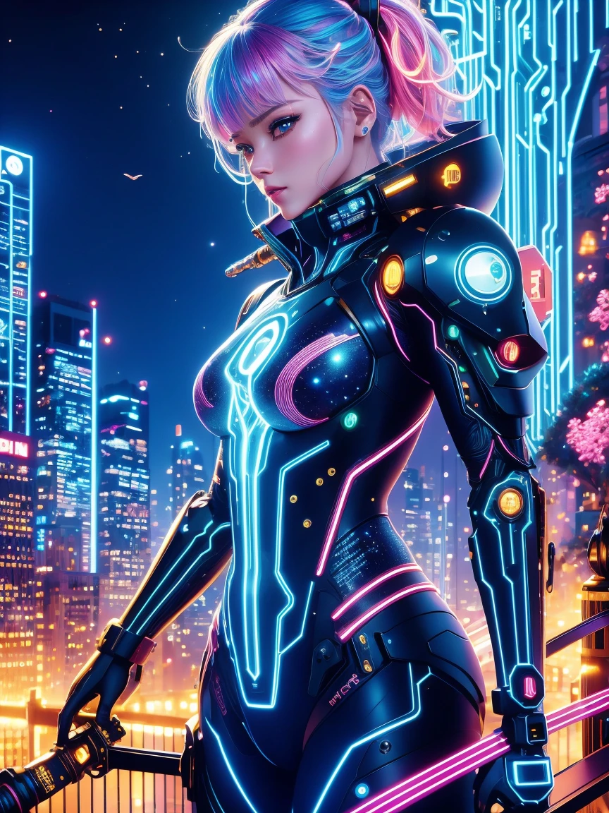 (Neon lights),circuit boards, cute girl, colorful clothes, long-sleeves puffy shirt, tulle skirt, white boots, Gurwitz style artwork, city at night, moonlight, starry sky, giant moon, darkness, view from below, (UHD, masterpiece, ccurate, anatomically correct, textured skin, super detail, high details, award winning, best quality, 8k)