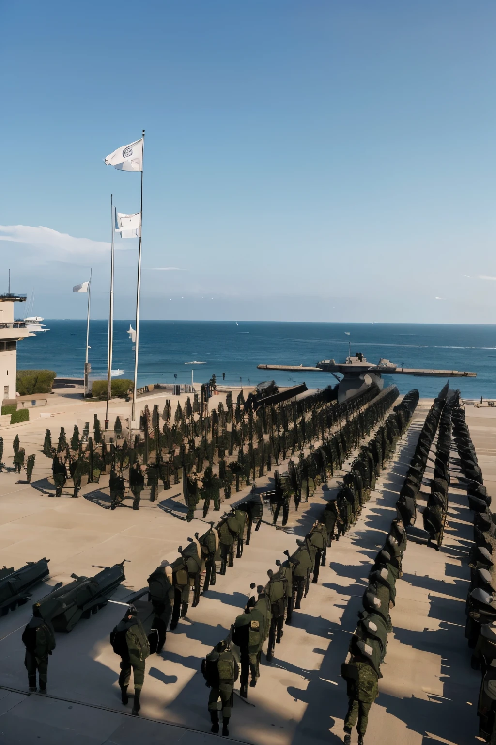 In the heart of a vast military base, an intricate dance of preparation unfolds before your eyes. Soldiers clad in camouflage uniforms, each carrying weapons at the ready, march in perfect formation. The crisp sound of their boots striking the ground echoes through the air, a testament to their discipline and focus.

In the background, warships sail majestically on the horizon, their sails billowing in the wind. Their powerful engines hum softly, a constant reminder of the raw power behind this military buildup. Artillery positions are scattered throughout the base, the barrels of the guns gleaming under the midday sun, their readiness palpable as they wait for the orders to