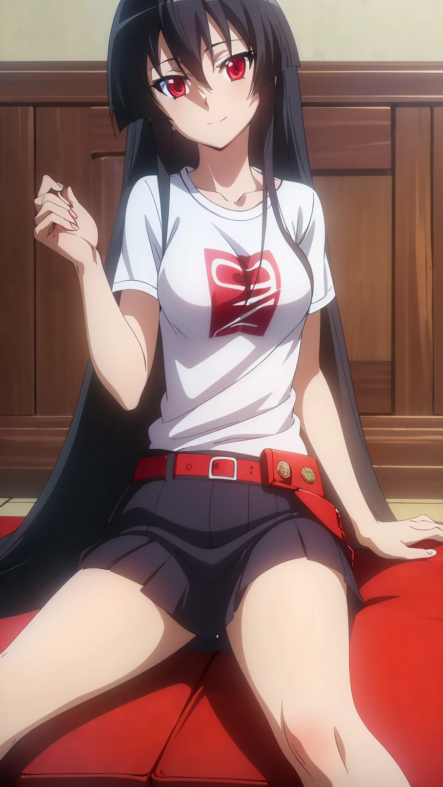 ((Master piece , best quality )),perfect face ,perfect eyes, beautiful red eyes, black hair,(( very long hair )),between eyes hair , blushing ,smile,looking at me, full body, ((1girl,solo)),Akame, ((T-shirt, white shirt , short )),sitting on sofa