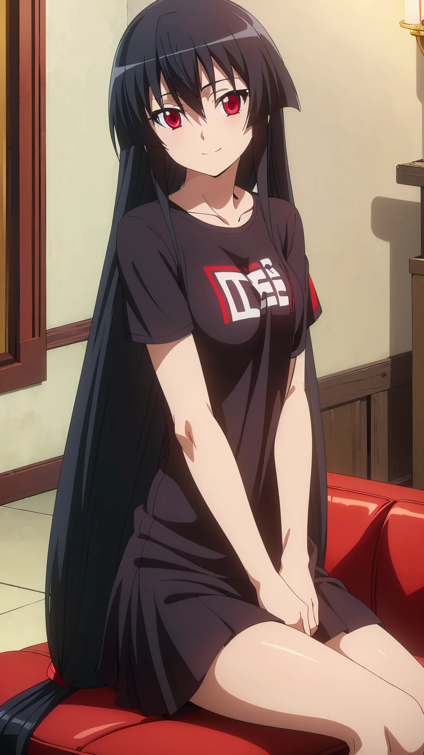 ((Master piece , best quality )),perfect face ,perfect eyes, beautiful red eyes, black hair,(( very long hair )),between eyes hair , blushing ,smile,looking at me, full body, ((1girl,solo)),Akame, ((T-shirt, white shirt , short )),sitting on sofa