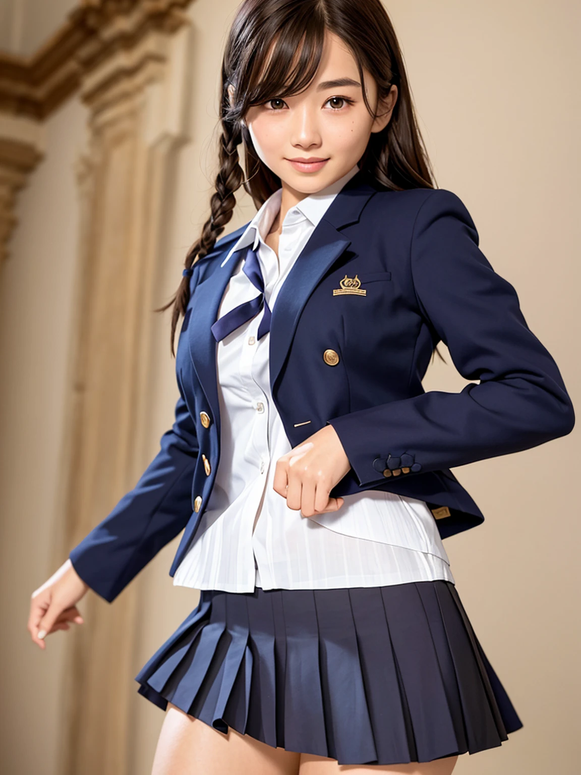 masterpiece, High resolution, Portraiture, highest quality, High resolution,
Realistic, alone, school blazer uniform, School classroom during the day,Smiling and showing beautiful teeth,(Braid),No exposure、((Bulging breasts in the middle of growth))、((Very young face))、((Small woman))、((A blazer uniform that reveals the shape of the breasts))、Beautiful legs、(whole body)、(Color)、(Long pleated skirt)