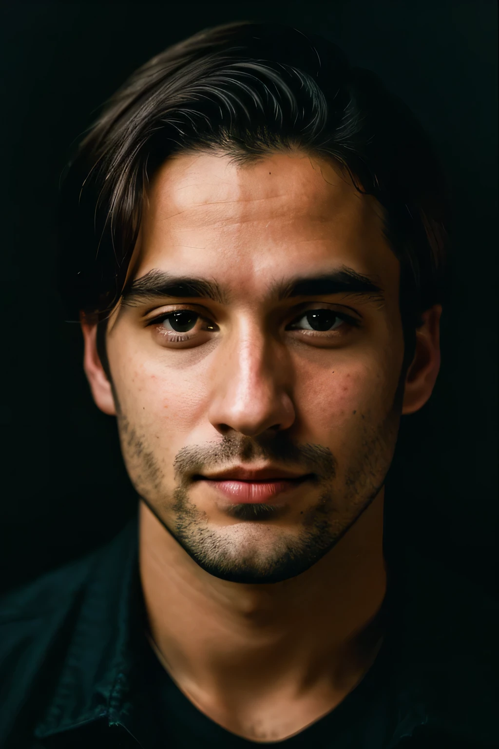 (close-up, editorial photograph of a 29 year old man), (highly detailed face:1.4) (smile:0.7) (background inside dark, moody, private study:1.3) POV, by lee jeffries, nikon d850, film stock photograph ,4 kodak portra 400 ,camera f1.6 lens ,rich colors ,hyper realistic ,lifelike texture, dramatic lighting , cinestill 800,