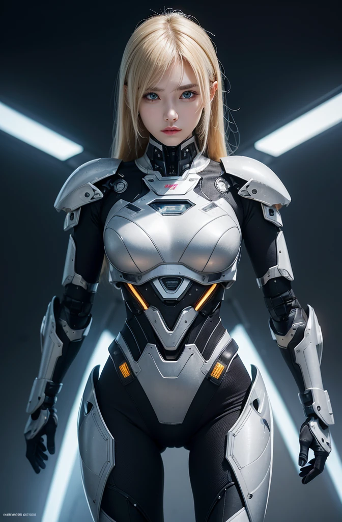 Textured skin, Super Detail, high details, High quality, Best Quality, hight resolution, 1080p, hard disk, Beautiful,(cyborgs),(Missiles from the chest),beautiful cyborgs woman,mech cyborgs girl,Battle Mode,Girl (charming Russian model Nata Lee ) with a Mecha Body, light blonde hair, She wears battle cyborgs mecha with weapons,Fulll body Shot