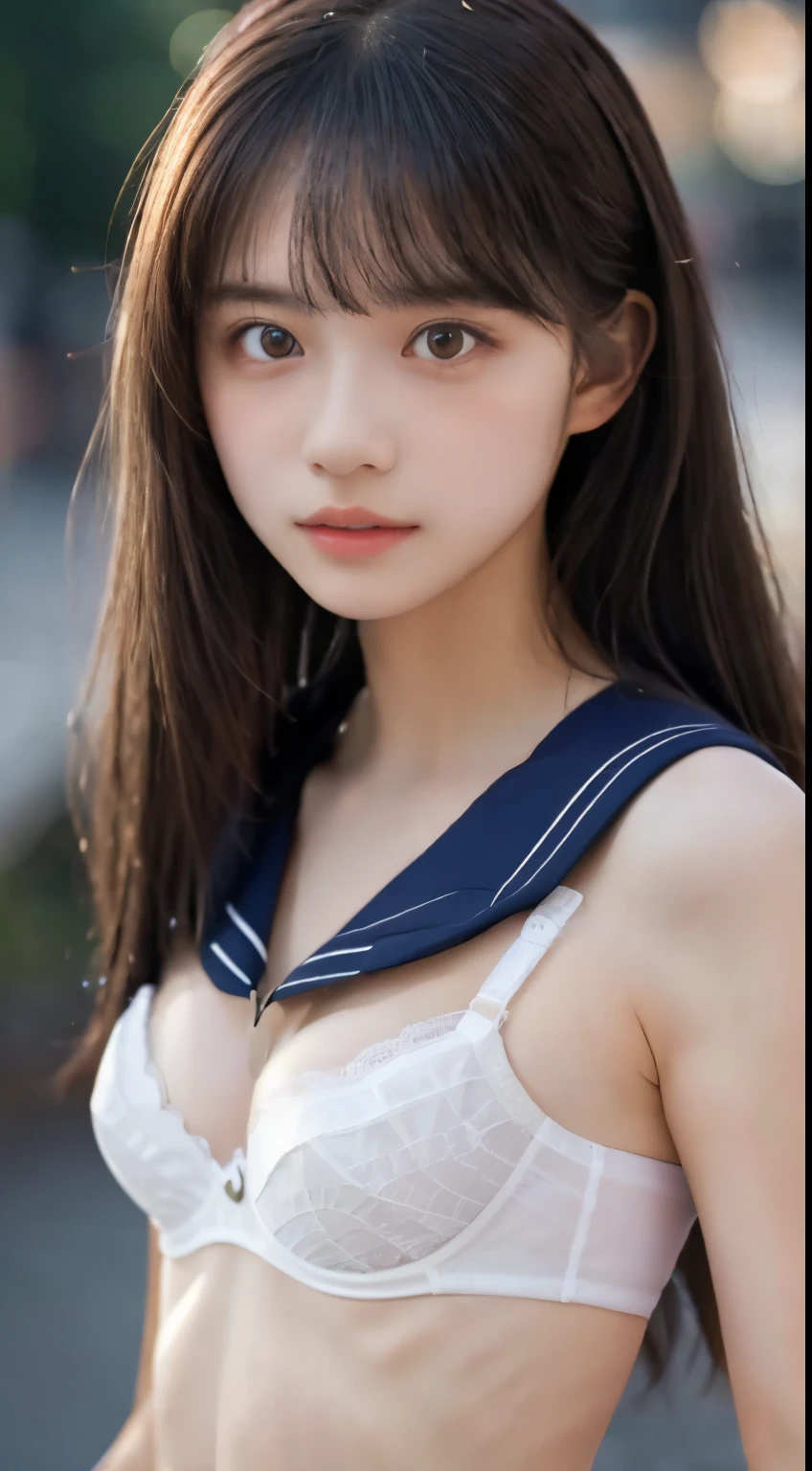 highest quality, RAW Photos, Realistic, face, Incredibly ridiculously beautiful girl, cute, Long Hair, Depth of written boundary, High resolution, 超detailed, detailed, Very detaileded, extremely detaileded eye and face, Sharp pupils, Realistic students, Sharp focus, Cinema Lighting, flat breasts, small breasts, small,( small bust: 1.2), small bust, (slim, small, flat, small), thin, Delicate and sexy collarbone, (Sailor suit:1.2), (Lifting Sailor suit to show off a small white bra:1.5)))、