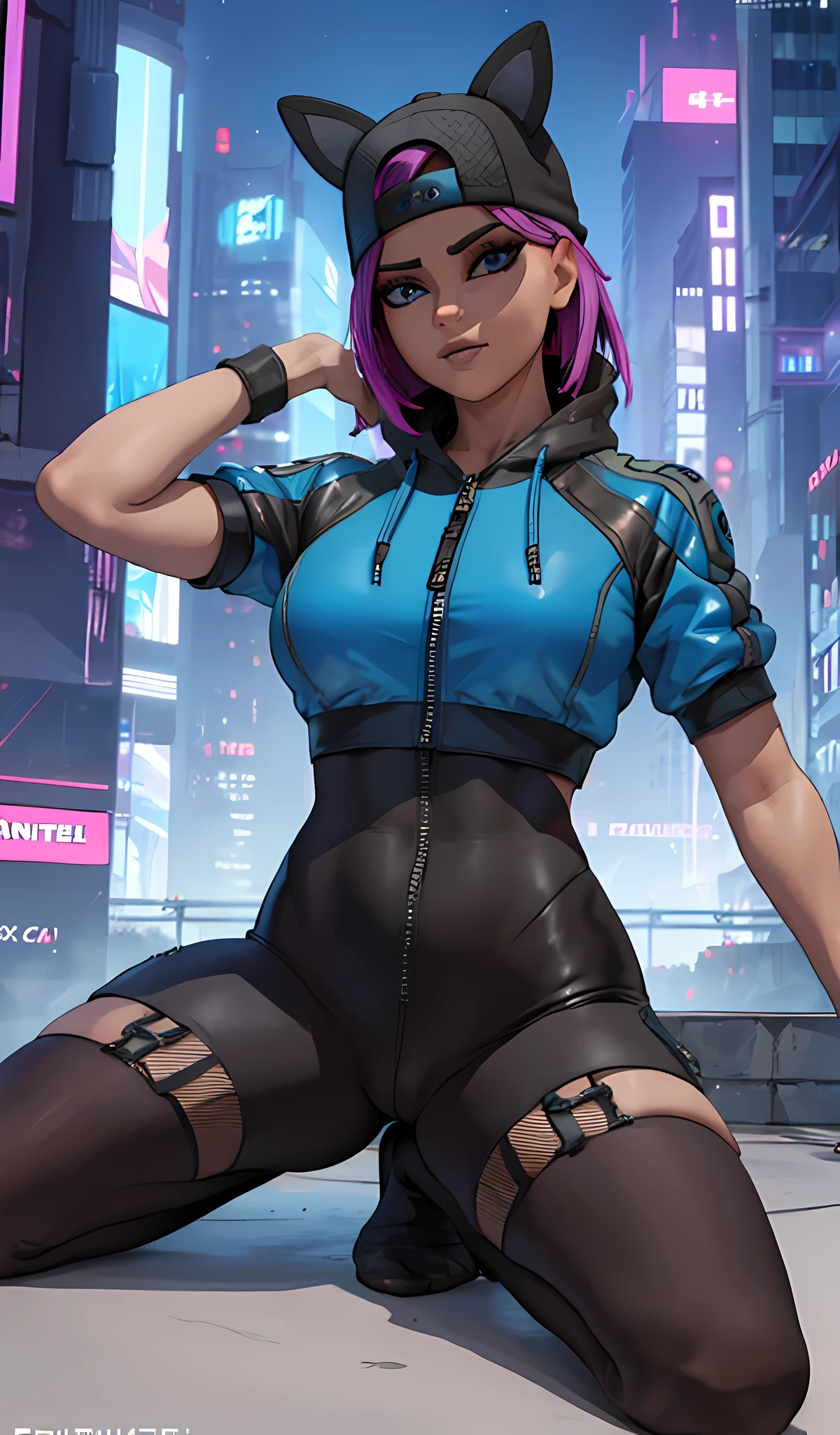 1 chica, sentada, cyberpunk Noche, chaqueta Azul, jogger Negro, Extremadamente detallado, rostro detallado , gorra ,hermoso rostro detallado, ojos detallados, dynamic pose 