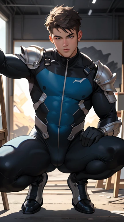 ((best quality)), ((masterpiece)), (detailed), perfect face((Best Quality, 8K, ultra-detailed, Masterpiece: 1.3)), 1boy, shiny skin, sharp, Perfect Body Beauty, realistic shaded perfect body, (cute baby face:1.1),("bodysuit,),("leggins , armor":1.1)(dynamic pose:1.1), thigh , battle field , (bulge focus:1.2) ,squatting, ((Model in the artist's studio))