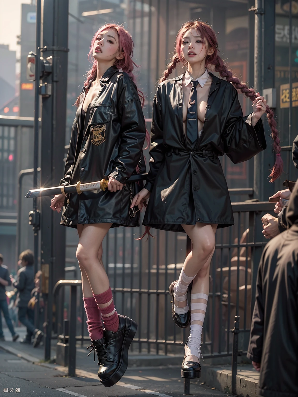 highest quality、Surreal、Perfect ???????、Crowded downtown area、Surrounded by spectators、Crowd、Wet and shiny white skin、Sweat dripping all over the body、Slender model figure、Ahegao、blush、micro bikini、Pink Hair、Braid、soaked、Super small face、Collars and Leads、Natural lighting、Photo session、Japanese sword、Cleavage、