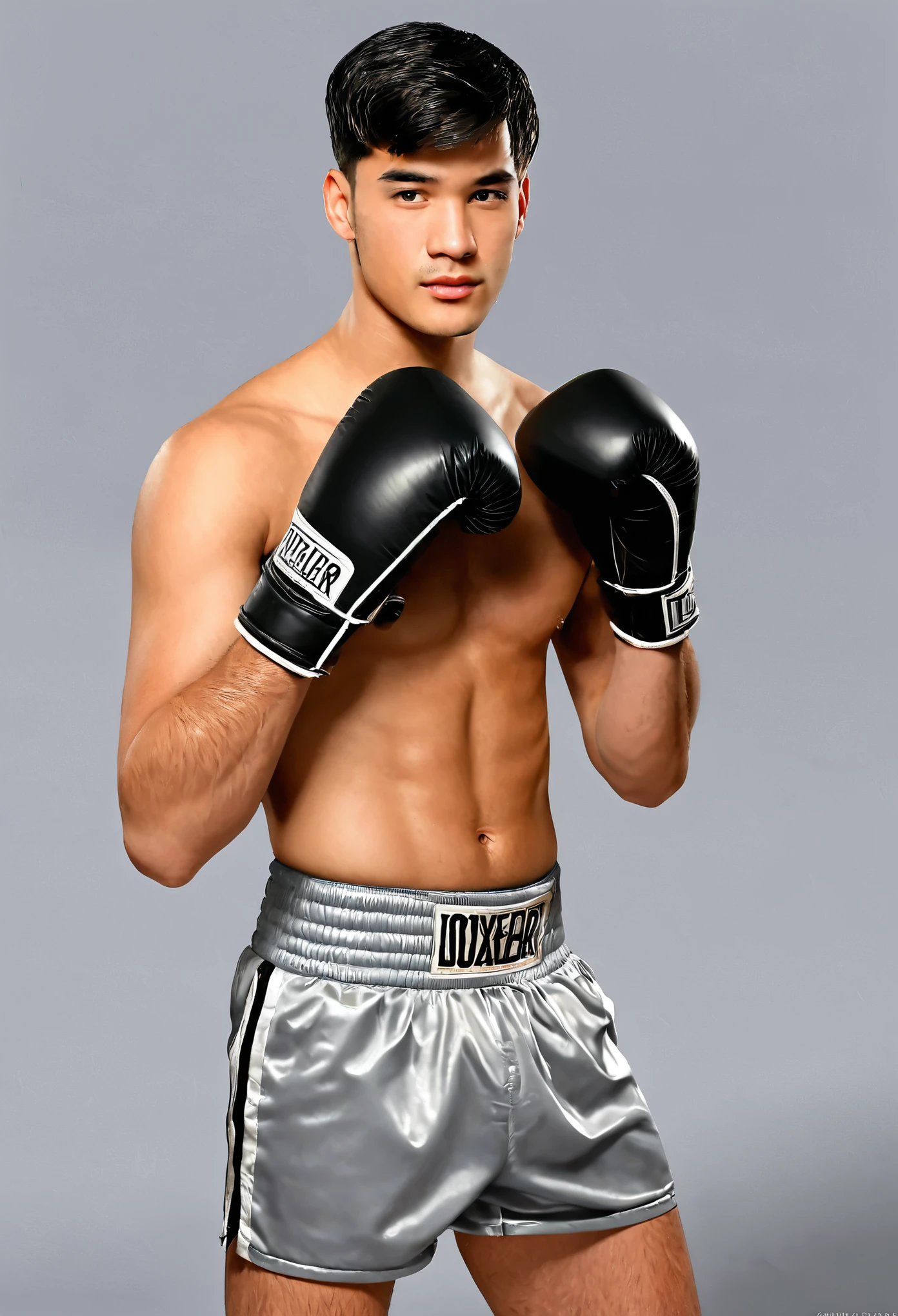 Hombre de cabello gris vestido, 1 hombre, solo, boxeador, guantes de box, delgado, photorealista, realism