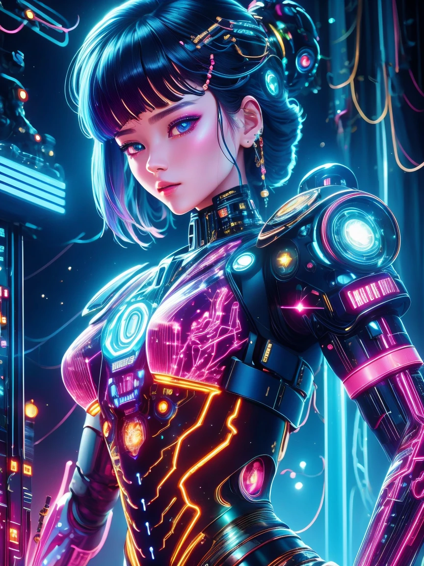 (Neon)，Circuit Board，(1 Mechanical Girl)，(Holding a sword:1.3)，shadow，Super sharp，(Metal)，(Cool colors)，Rendering on cgsociety，Facing the camera，Mechanical limbs，Mechanical cervical vertebra hanging on the neck，(Ghost in the Shell:1.3)，Anime art style，Looking at the audience，(Ultra-realistic details)，玻璃般闪闪Luminescence的眼睛，模糊dream，Muscle tone and definition，High contrast eyes，finely detailed features，Stunning colors，Movie lighting effects，Ultra wide angle，Light Particles，Light Particles艺术，(Luminescence:1.1), adamxl acg，(Exquisite and perfect demeanor:1.3)，(dream)，(Ultra HD, masterpiece, precise, Anatomically correct, textured skin, High Detail, high quality, The award-winning, 8k)