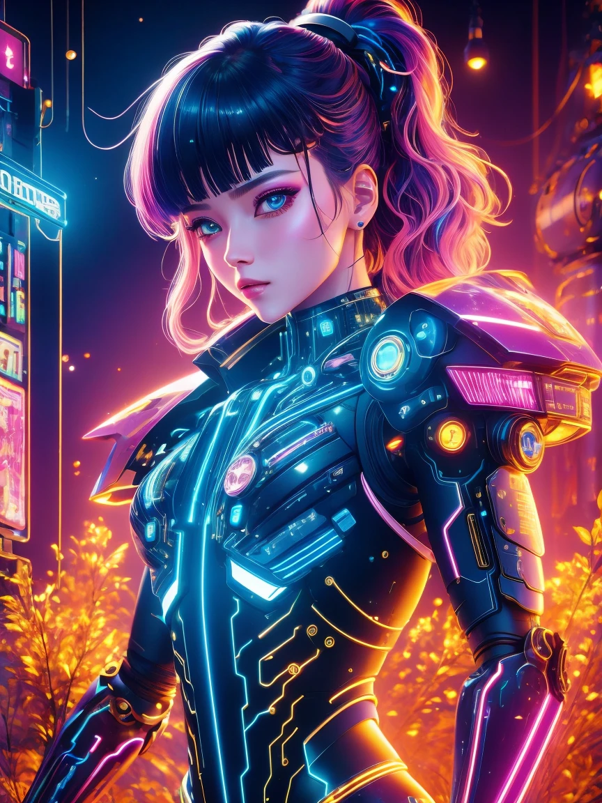 (Neon)，Circuit Board，(1 Mechanical Girl)，(Holding a sword:1.3)，shadow，Super sharp，(Metal)，(Cool colors)，Rendering on cgsociety，Facing the camera，Mechanical limbs，Mechanical cervical vertebra hanging on the neck，(Ghost in the Shell:1.3)，Anime art style，Looking at the audience，(Ultra-realistic details)，玻璃般闪闪Luminescence的眼睛，模糊dream，Muscle tone and definition，High contrast eyes，finely detailed features，Stunning colors，Movie lighting effects，Ultra wide angle，Light Particles，Light Particles艺术，(Luminescence:1.1), adamxl acg，(Exquisite and perfect demeanor:1.3)，(dream)，(Ultra HD, masterpiece, precise, Anatomically correct, textured skin, High Detail, high quality, The award-winning, 8k)