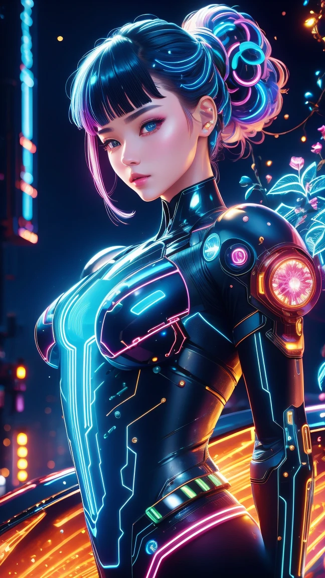 (Neon)，Circuit Board，(1 Mechanical Girl)，(Holding a sword:1.3)，shadow，Super sharp，(Metal)，(Cool colors)，Rendering on cgsociety，Facing the camera，Mechanical limbs，Mechanical cervical vertebra hanging on the neck，(Ghost in the Shell:1.3)，Anime art style，Looking at the audience，(Ultra-realistic details)，玻璃般闪闪Luminescence的眼睛，模糊dream，Muscle tone and definition，High contrast eyes，finely detailed features，Stunning colors，Movie lighting effects，Ultra wide angle，Light Particles，Light Particles艺术，(Luminescence:1.1), adamxl acg，(Exquisite and perfect demeanor:1.3)，(dream)，(Ultra HD, masterpiece, precise, Anatomically correct, textured skin, High Detail, high quality, The award-winning, 8k)