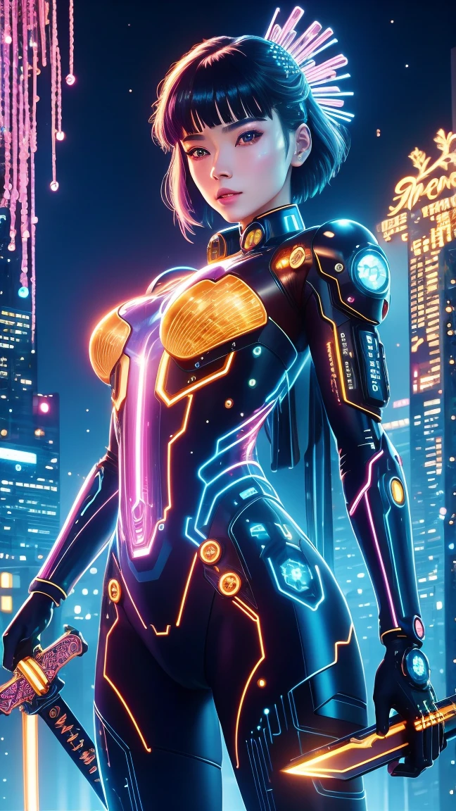 (Neon)，Circuit Board，(1 Mechanical Girl)，(Holding a sword:1.3)，shadow，Super sharp，(Metal)，(Cool colors)，Rendering on cgsociety，Facing the camera，Mechanical limbs，Mechanical cervical vertebra hanging on the neck，(Ghost in the Shell:1.3)，Anime art style，Looking at the audience，(Ultra-realistic details)，玻璃般闪闪Luminescence的眼睛，模糊dream，Muscle tone and definition，High contrast eyes，finely detailed features，Stunning colors，Movie lighting effects，Ultra wide angle，Light Particles，Light Particles艺术，(Luminescence:1.1), adamxl acg，(Exquisite and perfect demeanor:1.3)，(dream)，(Ultra HD, masterpiece, precise, Anatomically correct, textured skin, High Detail, high quality, The award-winning, 8k)