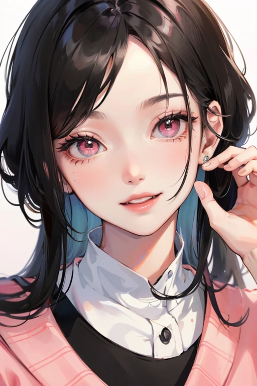 ((best quality)), ((masterpiece)), (detailed), perfect face, cute face, beautiful face, smile, long black hair and pink eyes