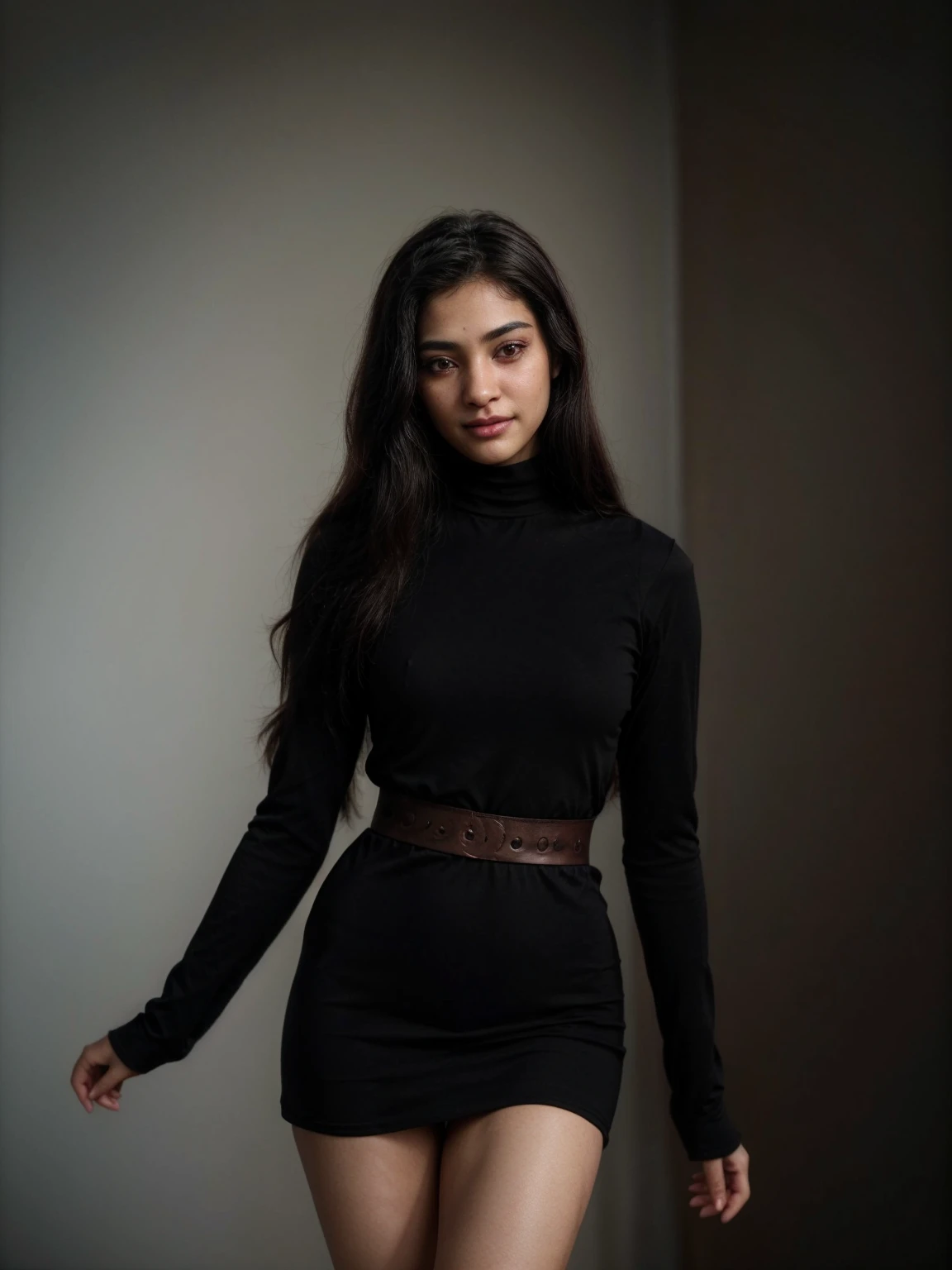 ultra-realistic photographs,Indian Instagram female model,mid 20s,9:16,mid-shot,beautiful detailed eyes,detailed lips,longeyelashes,black stylish hair, naturally full eyebrows,perfectly formed nose,expressive face,attractive appearance,candid photo,vibrant and colorful turtle-neck t-shirt dress, plain dress, hostel room background, serene atmosphere,stunning architecture,soft and natural lighting,vivid colors,photorealistic,HDR,highres,studio lighting,ultra-detailed,bokeh,fully covered clothes