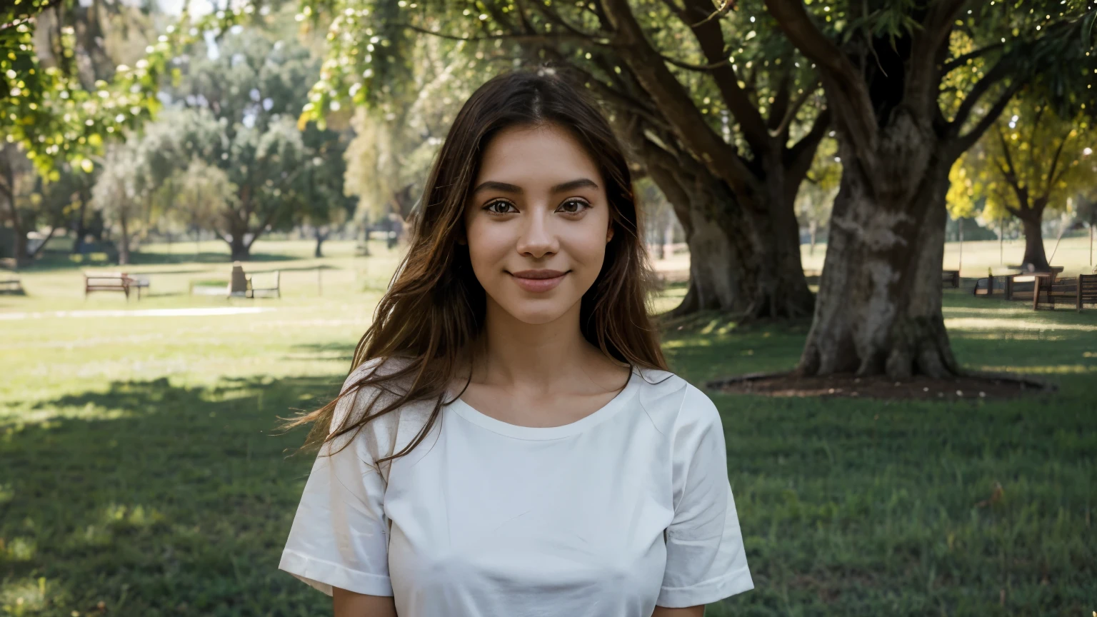 Una hermosa latina con denim shorts en el parque, white t-shirt, great body, (La mejor calidad, 4k, Altas Resoluciones), Ultra detallado, (realista:1.37), Paisaje de parque, hermosos ojos detallados, hermosos labios detallados, long eyeslashes, gentle breeze, Luz dorada del sol, pasto verde, arboles altos, cheerful expression, leve sonrisa, Postura relajada, colores vibrantes, Dreamlike atmosphere, (parkphotography), Bellas Artes, Paleta de colores pastel, natural lighting