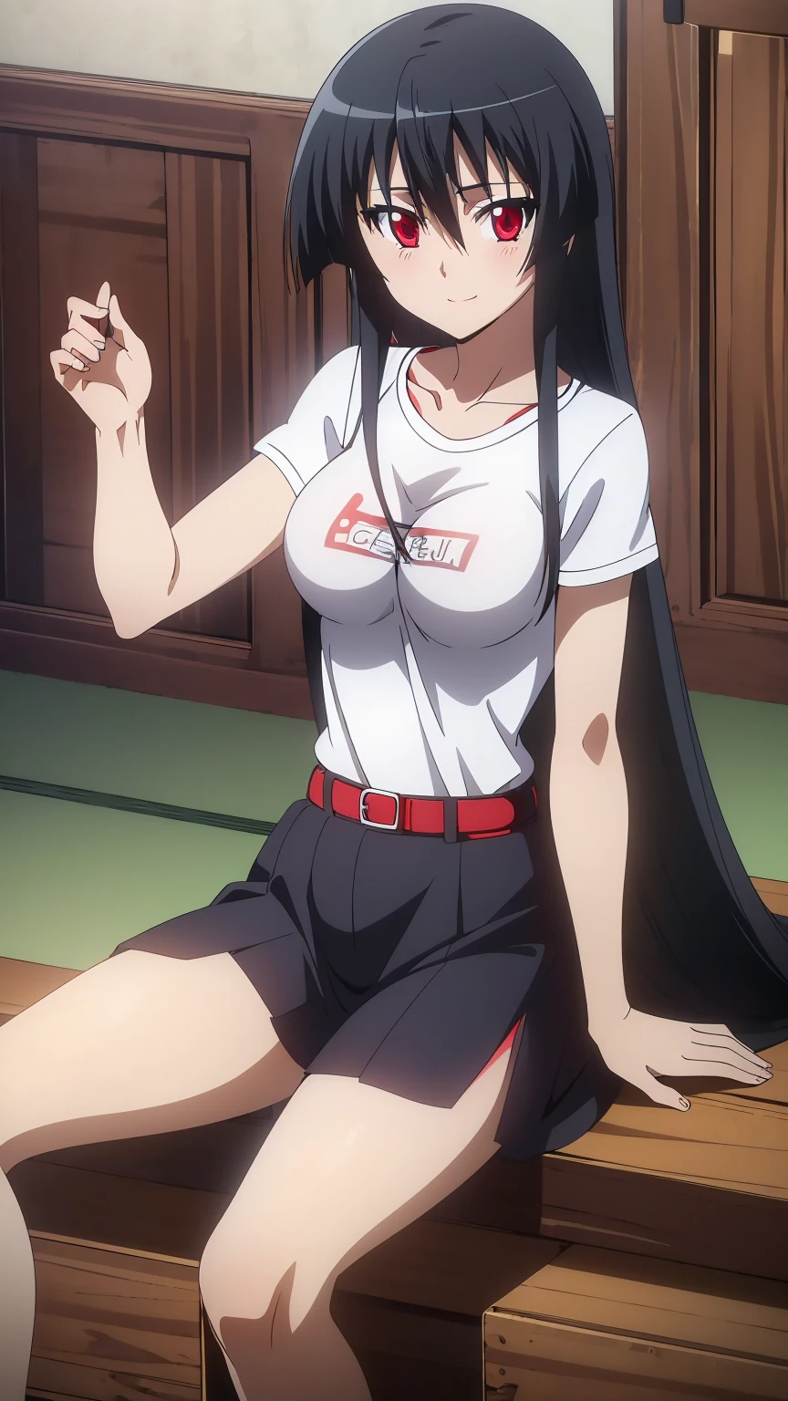 ((Master piece , best quality )),perfect face ,perfect eyes, beautiful red eyes, black hair,(( very long hair )),between eyes hair , blushing ,smile,looking at me, full body,cowboy shot,sexy pose, ((1girl,solo)),Akame, ((T-shirt, white shirt , short )),sitting on sofa