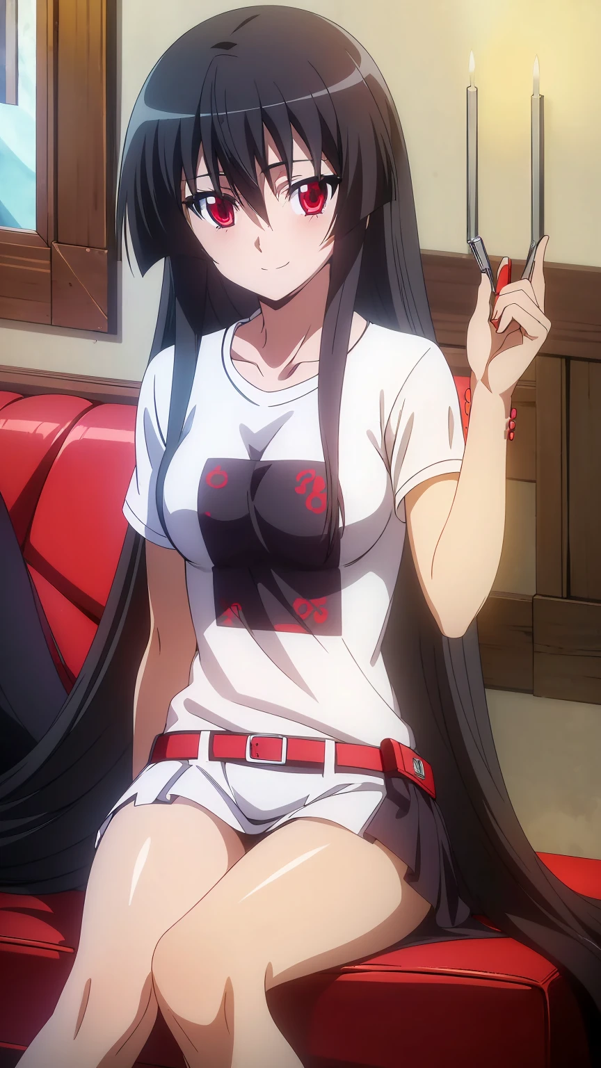 ((Master piece , best quality )),perfect face ,perfect eyes, beautiful red eyes, black hair,(( very long hair )),between eyes hair , blushing ,smile,looking at me, full body,cowboy shot,sexy pose, ((1girl,solo)),Akame, ((T-shirt, white shirt , short )),sitting on sofa