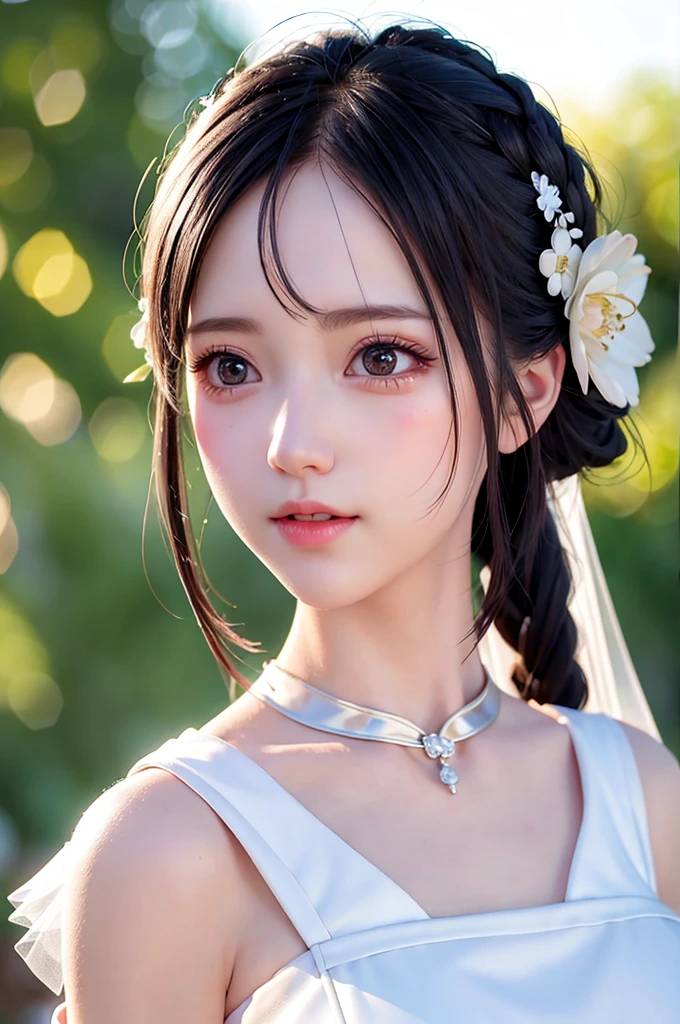 (eyelashes:0.4),light pink wedding dress,white mini skirt,(sweat:0.7),woman,japanese,cute face, beautiful face,bare shoulders,shoulders all exposed,translucent skin,black eyes,black hair,(photorealistic:1.4),realistic details, high resolution,bokeh,outstanding details